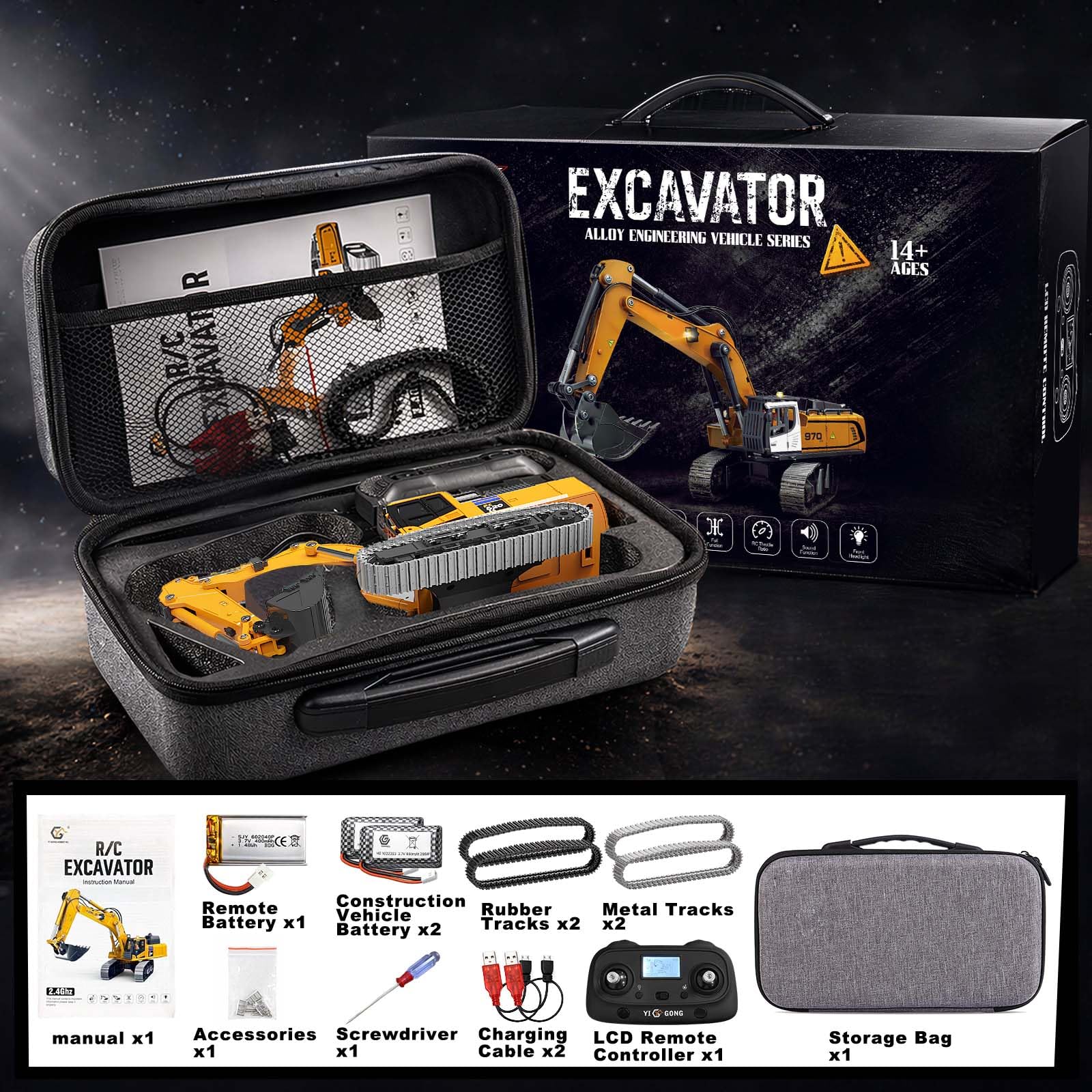 Pelleteuse télécommandée 1:50 en métal, Mini Pelle RC avec Tourelle à Rotation illimitée, Godet en métal, chenilles métalliques, télécommande LCD 2,4 GHz, 2 Batteries, RTR, pour bac à Sable