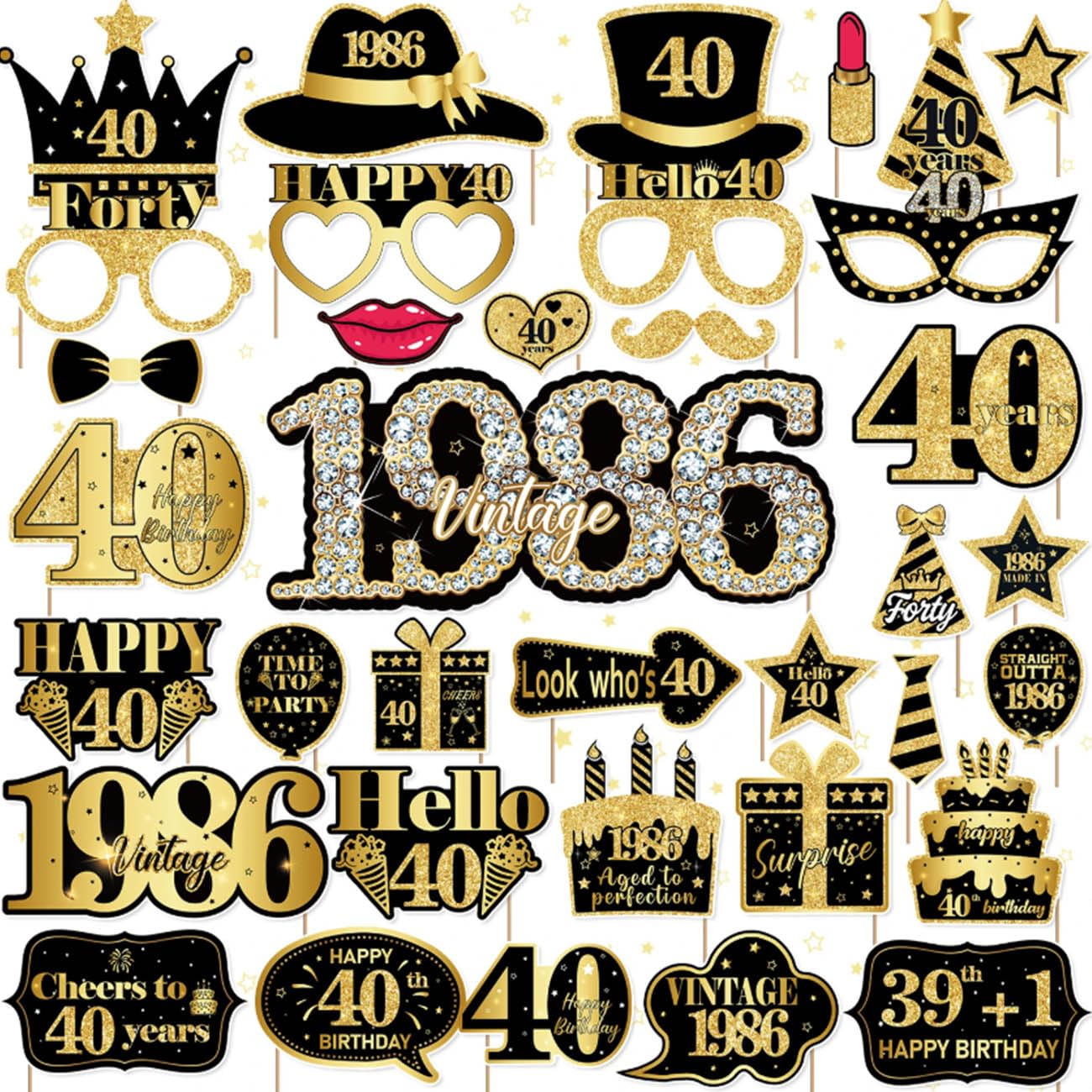 Topfunyy Women's 40Th Birthday Decorations For 36 Pcs Black And Gold Vintage 1986 Photo Booth Props Kit, Happy Forty Birthday Party Selfie Props For Her