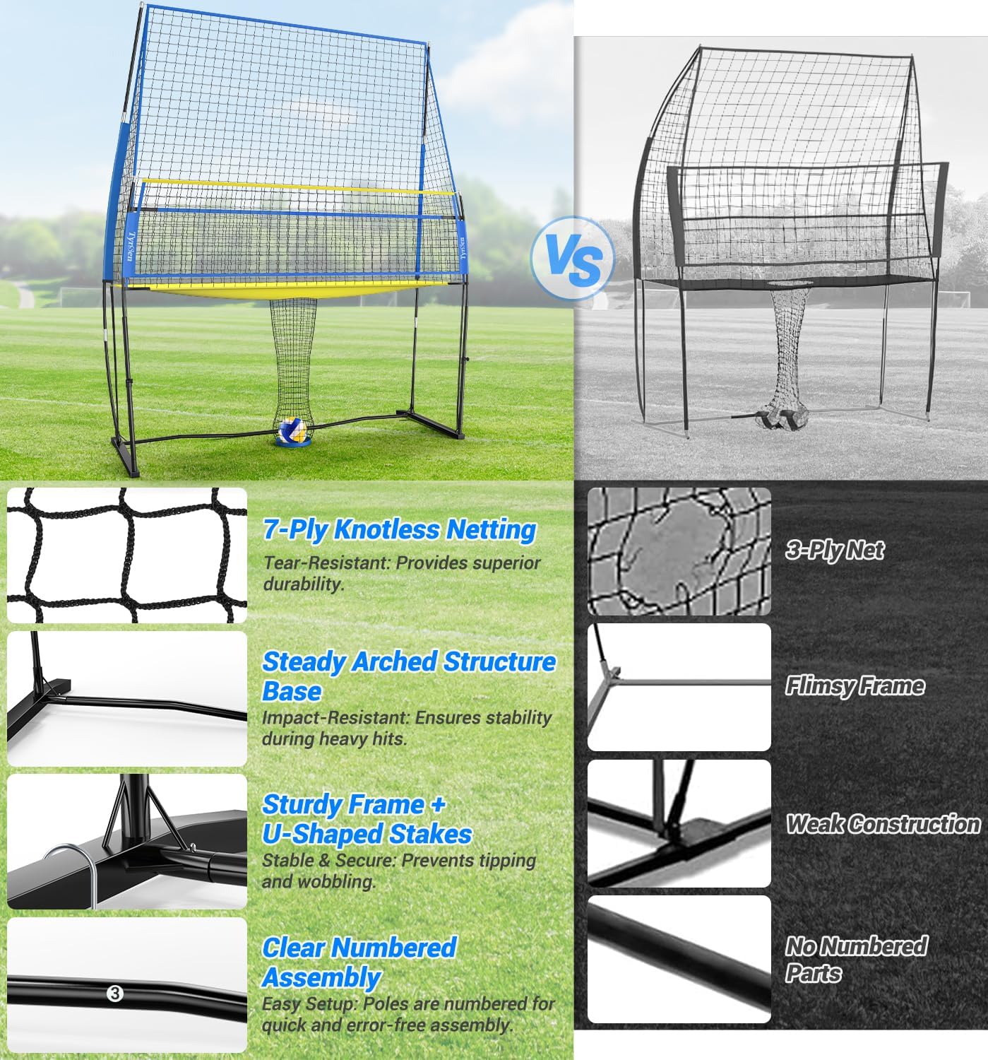 Volleyball Practice Net with Ball Return System, Height Adjustable 6.5-8FT, 11 * 8FT Portable Volleyball Training Equipment for Serving, Spiking, Solo and Team Drills, Indoor/Outdoor Use