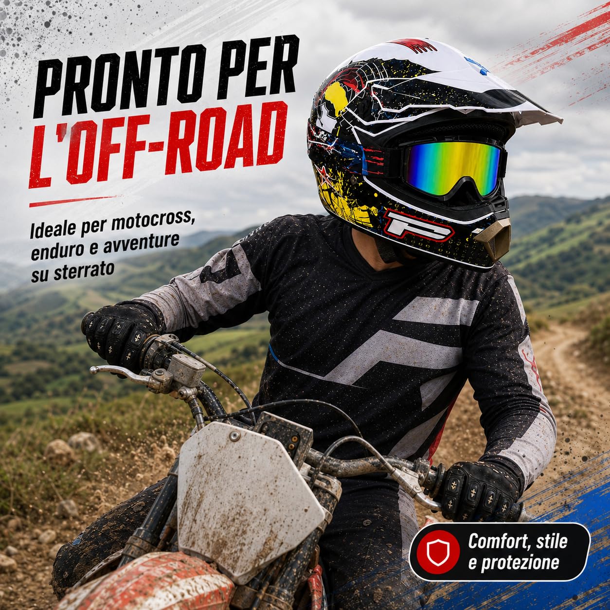 Casco Enduro Moto Bianco, Kit Motocross 4 Pezzi con Occhiali e Guanti