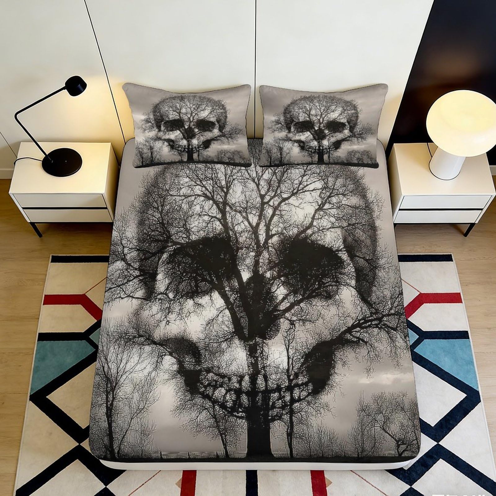3D Printed Skull Tree Fitted Sheet Microfiber Black Art Mattress Cover for Bedroom Dorm Decor Washable 120x200x25cm