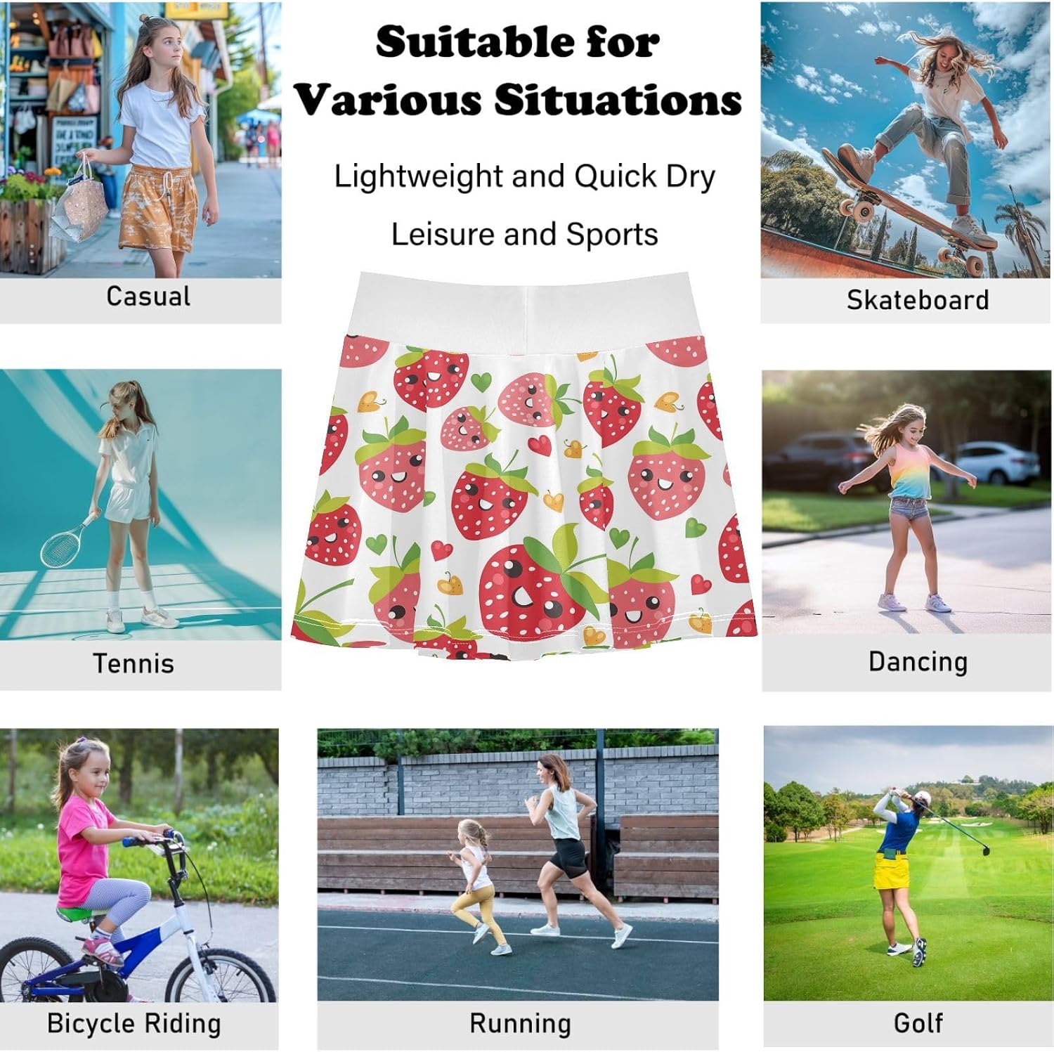 visesunny Cute Heart Strawberry Girl's Golf Skirt Athletic Tennis Skort Sport Activewear with Double Layer Pockets