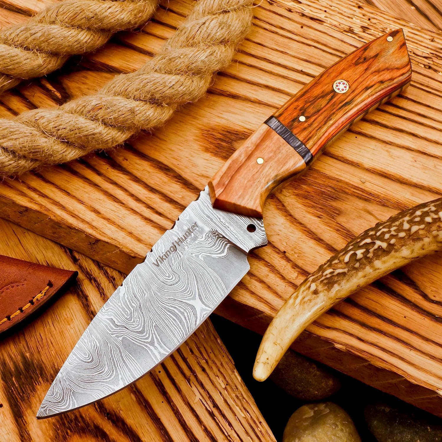Damascus Hunting Knife 9" Fixed Blade Hunting Knifes with Leather Sheath |Damascus Knives for Outdoor Survival Camping Bushcraft Knive for Skinning Handmade Damascus Steel Skinner Knife's (VK-HK-11)
