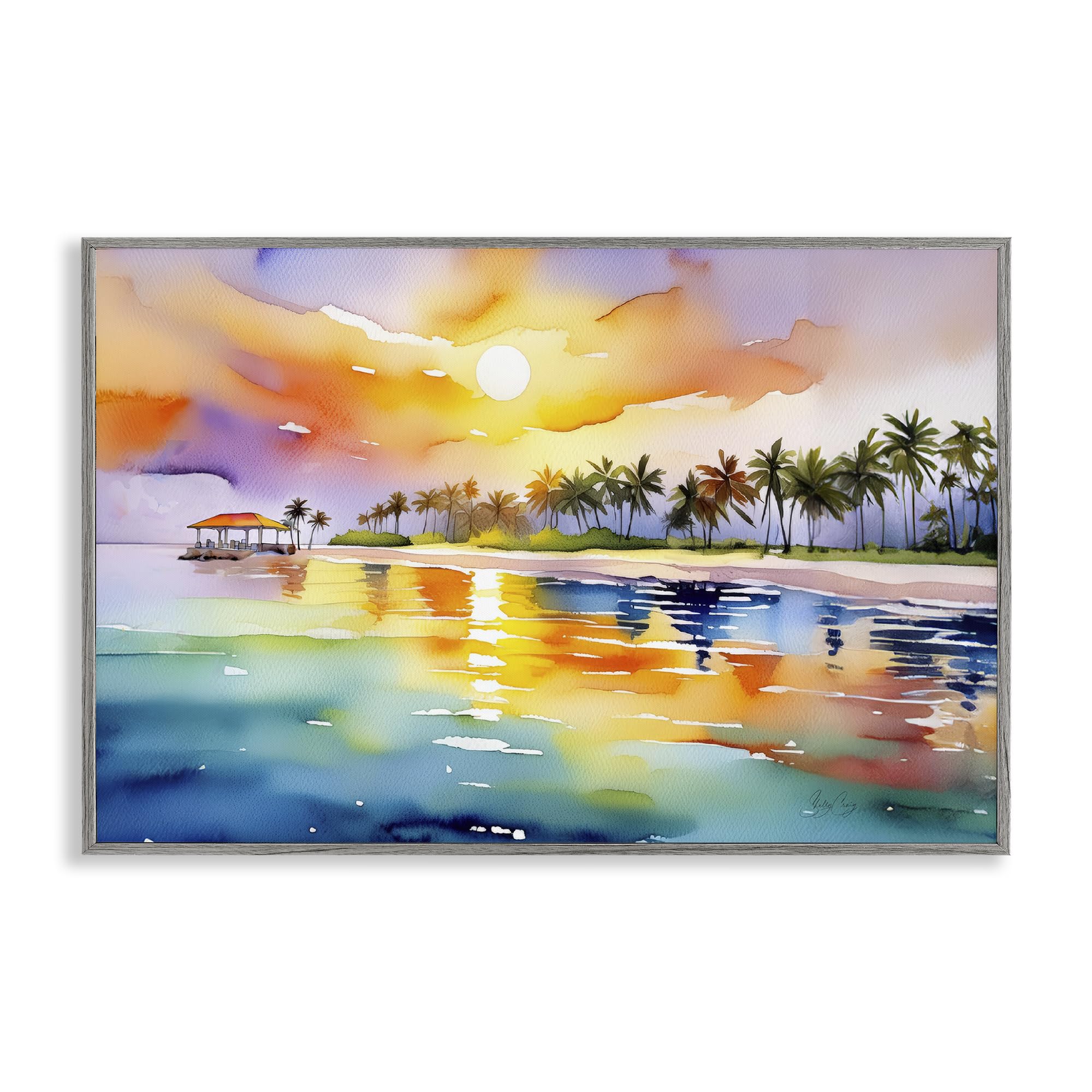 Stupell Industries 'Caribbean Calm Sunset', Framed Giclee Art, Gray, 24 x 16 Inches, Easy to Hang and Sturdy, Made in USA, by Shelly Craig