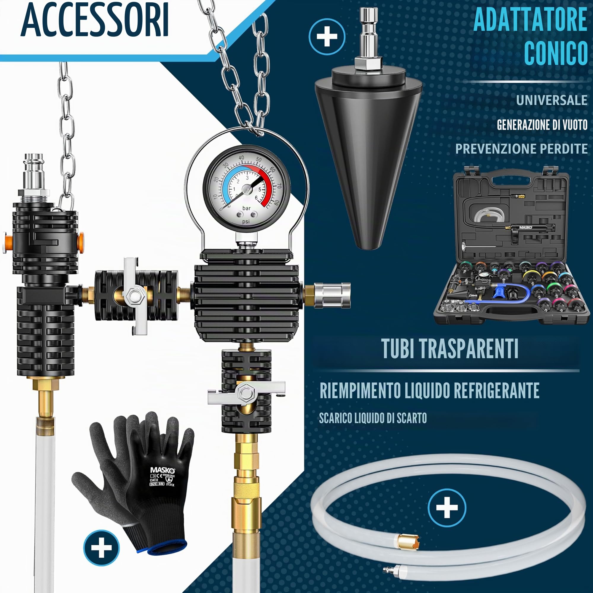 MASKO® Tester e dispositivo di spinta per sistema di raffreddamento | Controllore di pressione del radiatore, dispositivo di scarico del radiatore 28 pezzi incluso adattatore universale per radiatore
