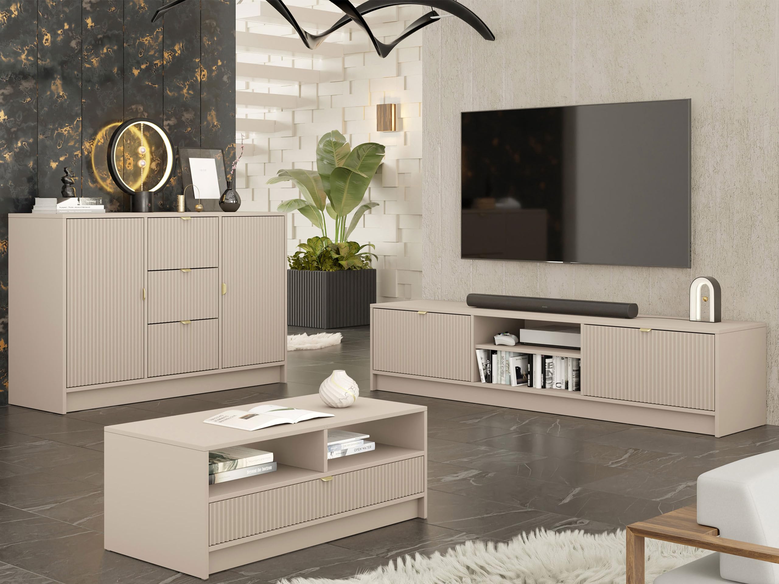 Mirjan24 Wohnzimmer-Set Tireno I, Anbauwand, Wohnzimmerschrank, Schrankwand, geriffelte Fronten, im Set: Kommode, Couchtisch, TV Schrank (Sandbeige)