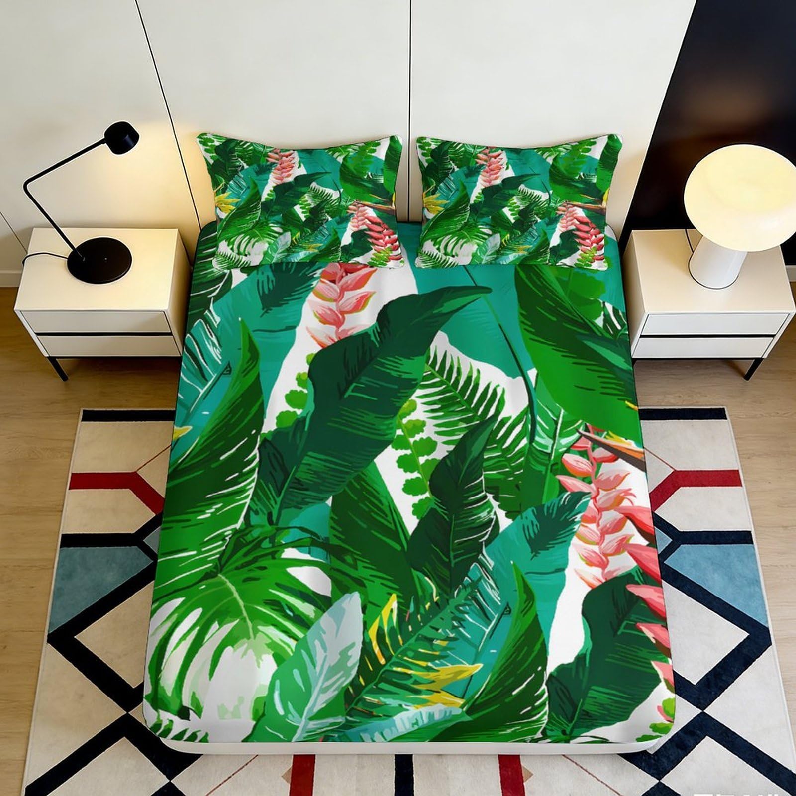 3D Printed Tropical Rainforest Fitted Sheet Microfiber Soft Green Botanical Leaves Mattress Cover for Bedroom Guest Room Decor 200x200x25cm