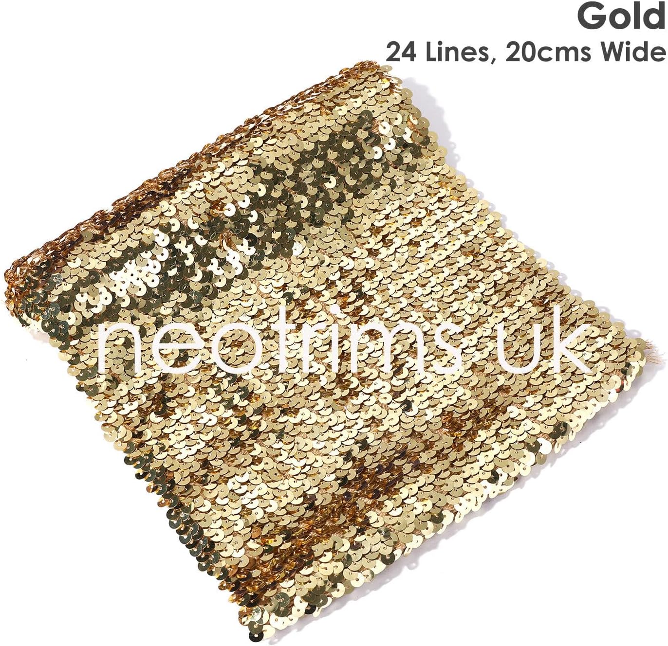 Stretch Sequin Trim Fabric Band in Extra Wide 10cm and 20cm Width,Dressmaking Party Costume Elastic Metallic Glitz Material 8 Colours,Neotrims UK [20cm Wide, Gold #6-5 Meter]