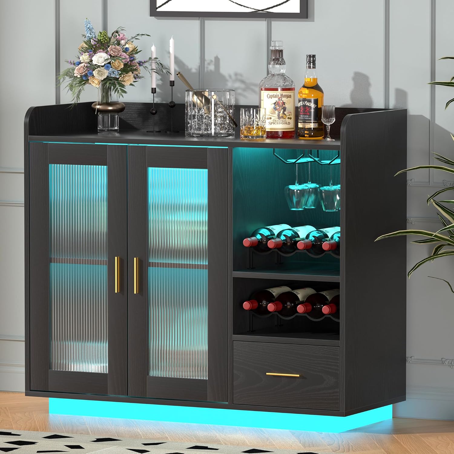 Modern Black Wine Bar Cabinet with LED Light, Floating Coffee Cabinet, Kitchen Buffet Sideboard, 35.43"W x 15.75"H x 39.37"D, Holds 8 Wine Bottles & 4 Glasses