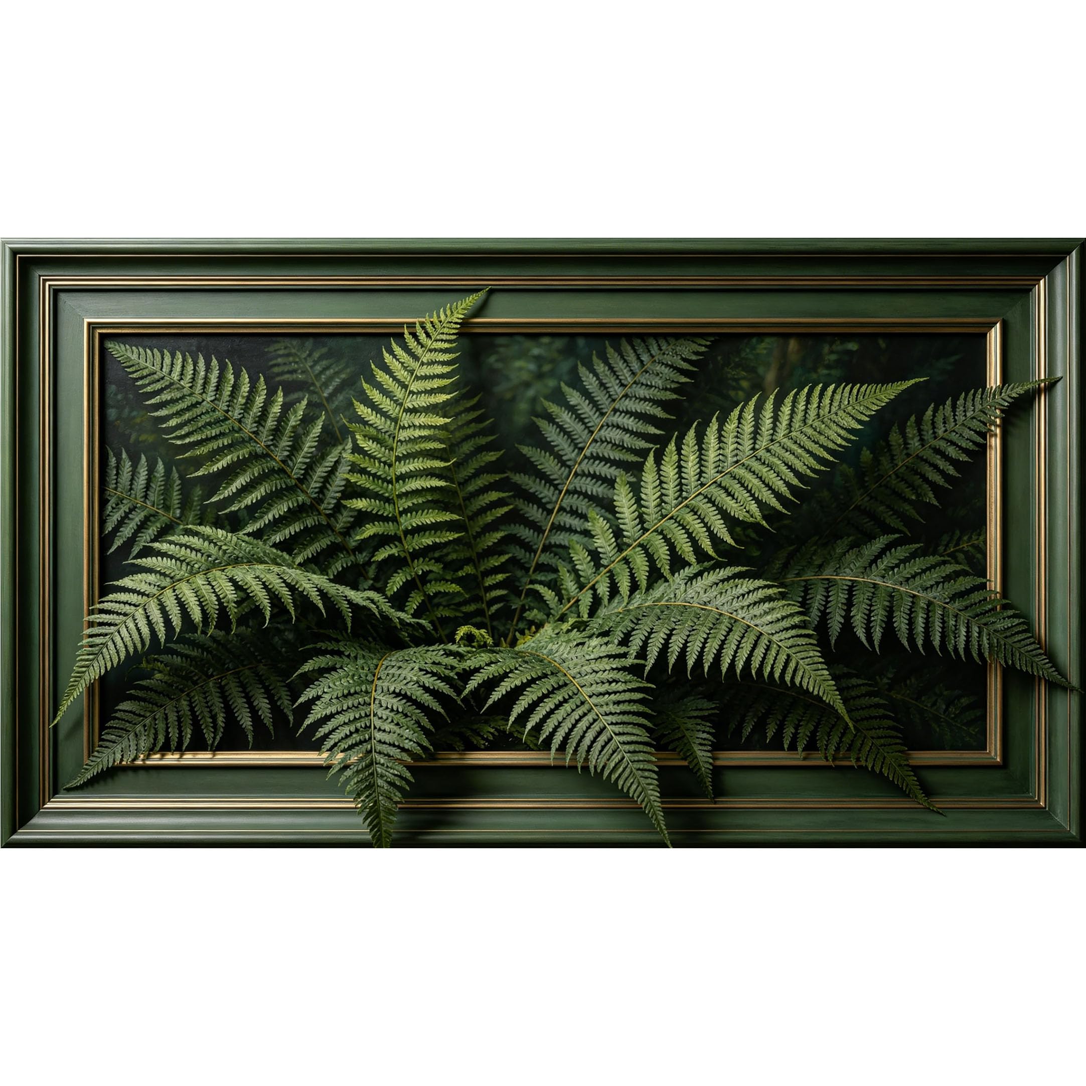 QZLITHOTIC 50x90cm3D Framed Wall Art， Botanical Fern Leaves Forest Green Self‑Adhesive Mural， Water‑Activated Peel & Stick Fabric Decor Wall Decal for Bedroom Living Room