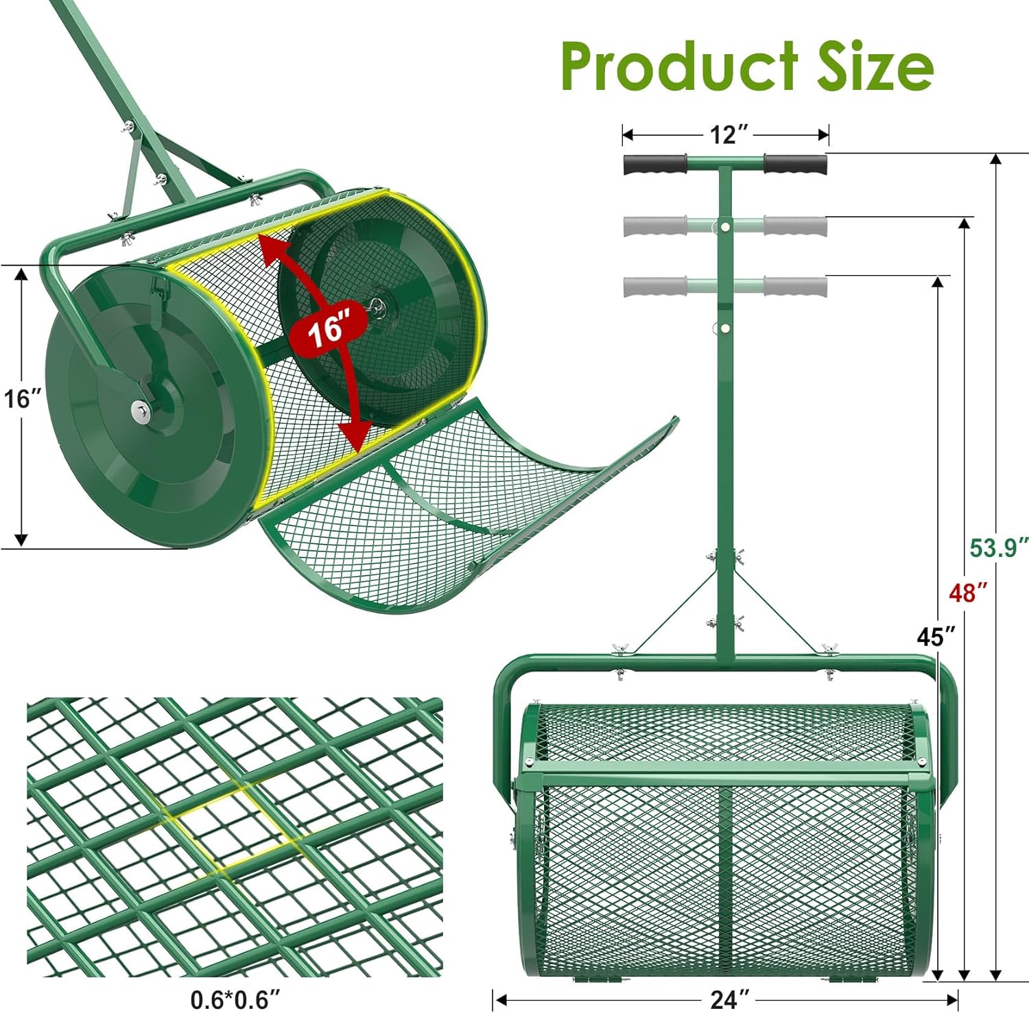 Seeutek Compost Spreader - 24" Peat Moss Spreader with 3 Heights, Top Soil Spreader W/Upgraded Side Latches Support Rod Powder Coated Metal Mesh Top Dressing Spreader for Lawn, 2 Way Uses-Push or Tow