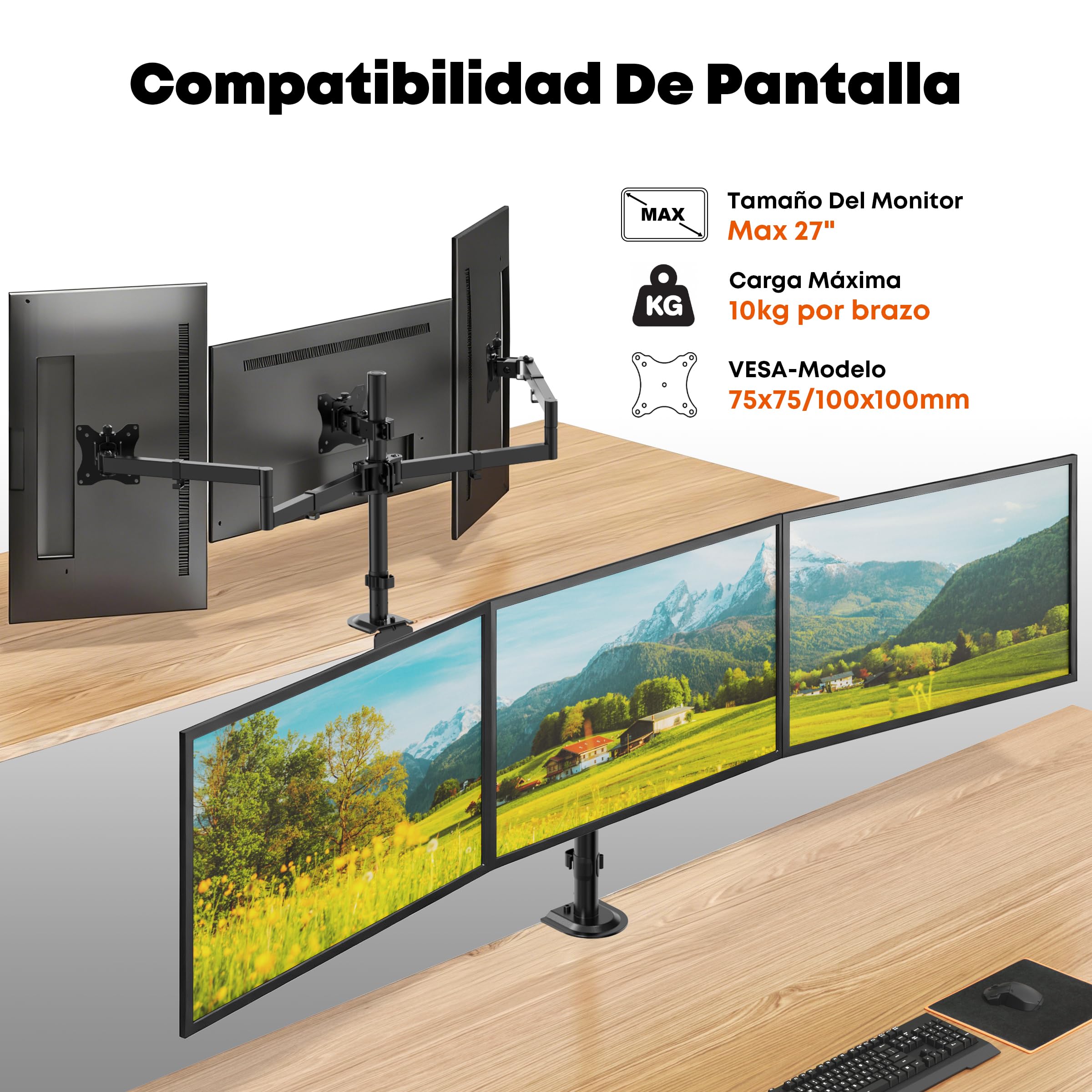 Soporte Triple para 3 Monitores 27" - Brazo Articulado con Fijación de Mesa, Carga Máx. 10kg por Brazo, VESA 75/100, Ajuste en Altura/Inclinación/Giro - Teletrabajo & Gaming