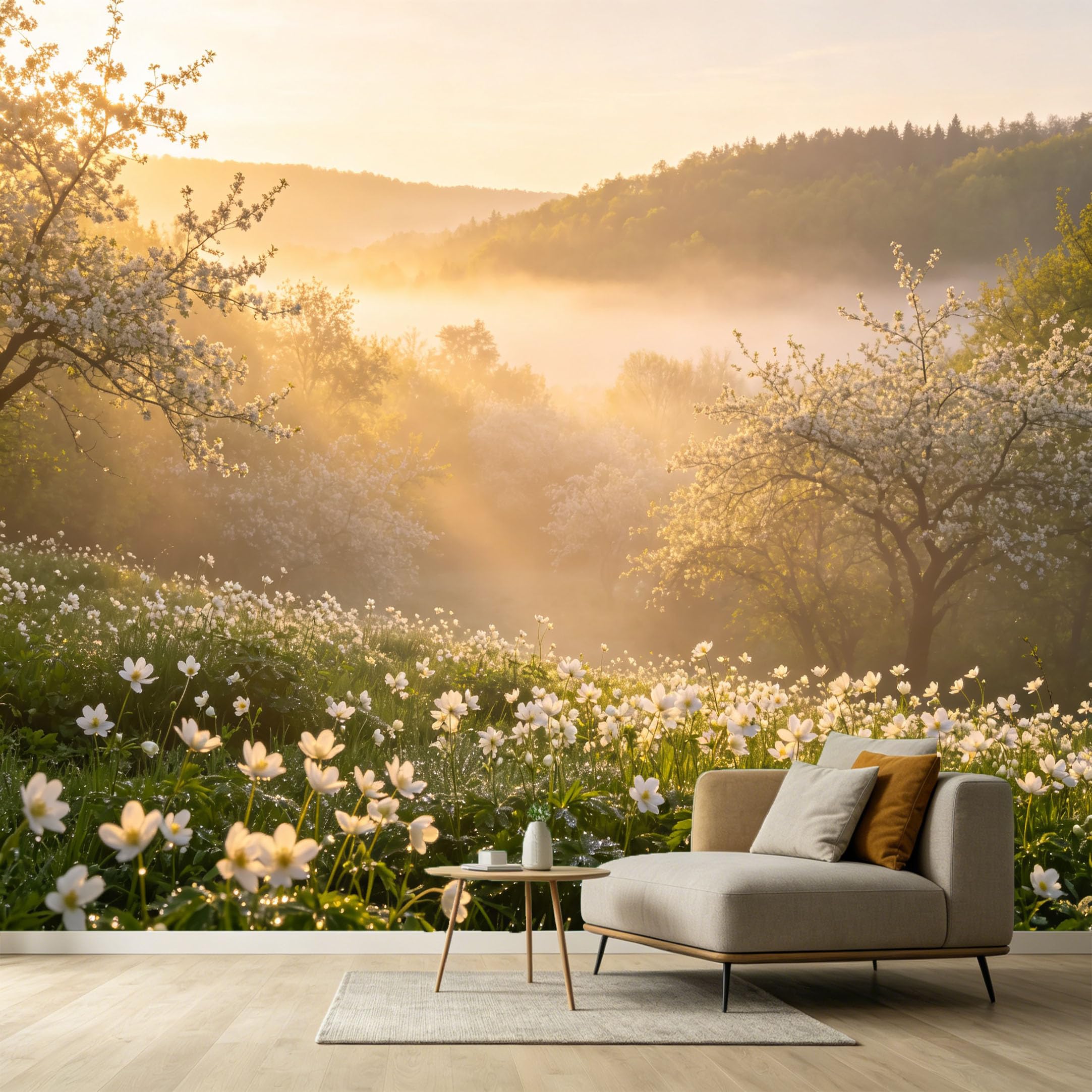 Custom Size Wall Murals Botanical Landscape Misty Sunrise Blossom Trees Meadow Self-Adhesive Wall Fabric Removable Wallpaper Wall for Living Room Bedroom Office Decor