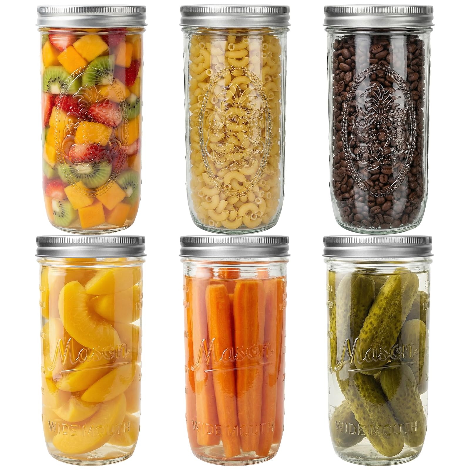 Yishik 6 Pack 24 oz Wide Mouth Mason Jar with Split-type Silver Screw Lids