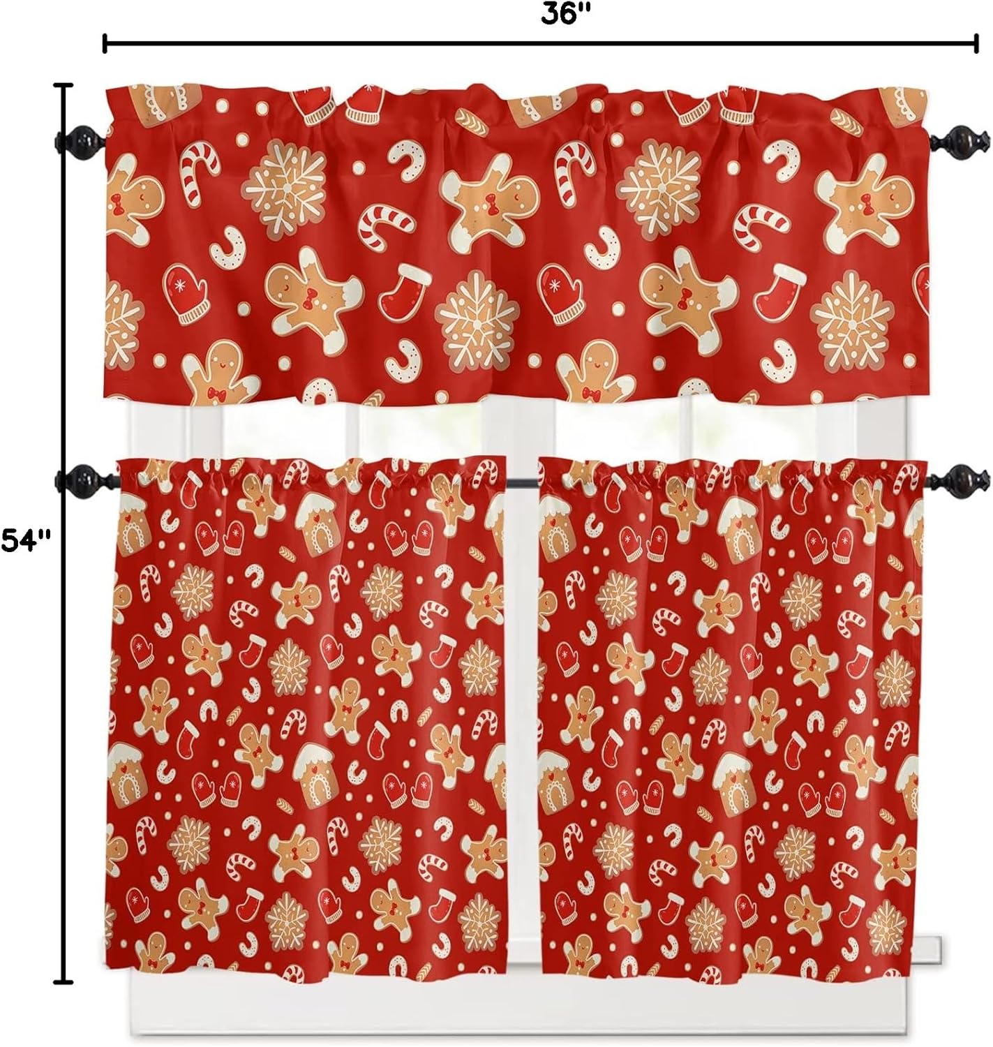 3 Pieces Kitchen Curtains Valances Set Red Christmas Gingerbread Man Short Curtain Rod Pocket Window Curtain Window Treatment Tiers Valances (Single Panel 54"x18",2 Tiers 27.5"x36")