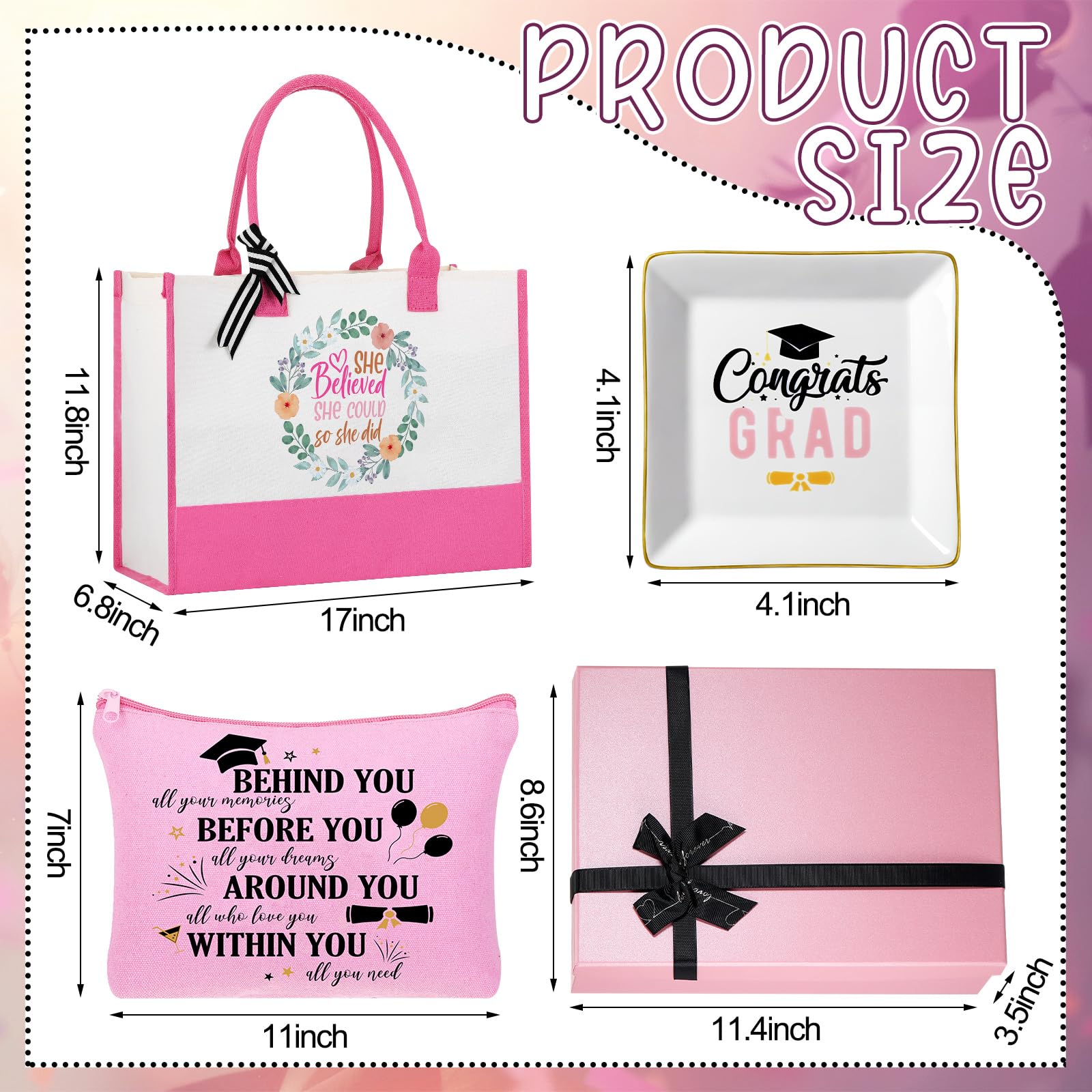 10 Stück Abschlussgeschenke für Frauen, inklusive Tragetasche, Make-up-Tasche, Becher, Kerzenring-Tablett, Schlüsselanhänger und Socken, Glückwünsche, Abschlussgeschenke für Absolventen 2026