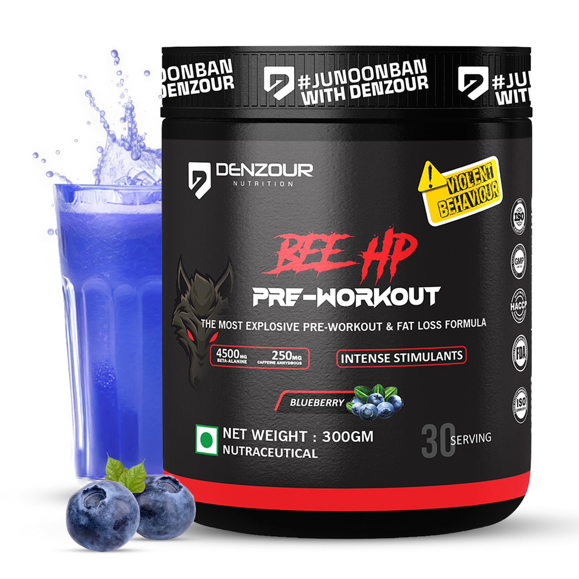 DENZOUR NUTRITION Bee-Hp Pre-Workout,Most Explosive Muscle Pump With Fat Loss Formula,250mg Caffeine,750mg Creatine Monohydrate and 4500mg Beta-Alanine (300 g,Blueberry),powder,1 count,30 Servings