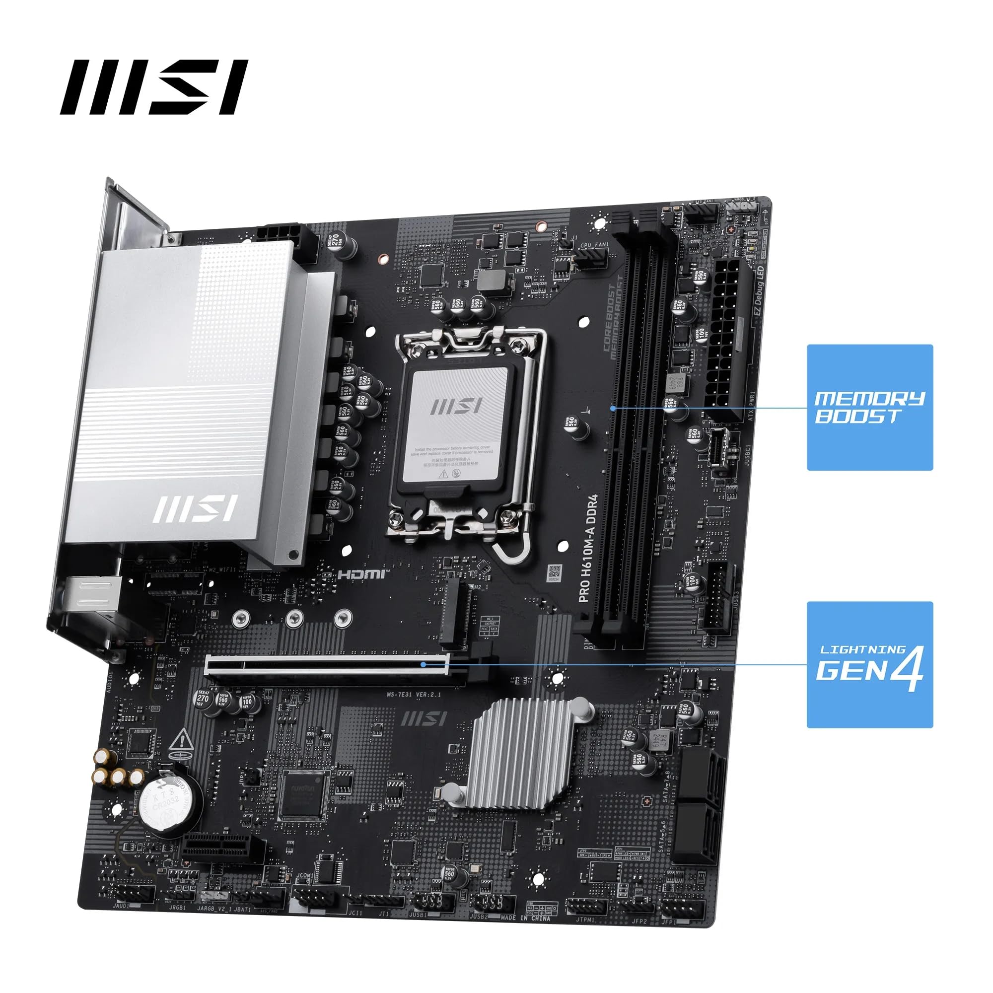 MSI Scheda madre PRO H610M-A DDR4 (Intel Core di 12a/13a/14a generazione, socket LGA 1700, DDR4, PCIe 4, SATA 6Gb/s, LAN 1Gb/s, slot M.2, USB 3.2, mATX)