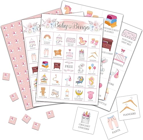 Tarjetas de bingo para niña juego de baby shower rosa rubor para 24 jugadores juegos de fiesta de revelación de género para actividades familiares y