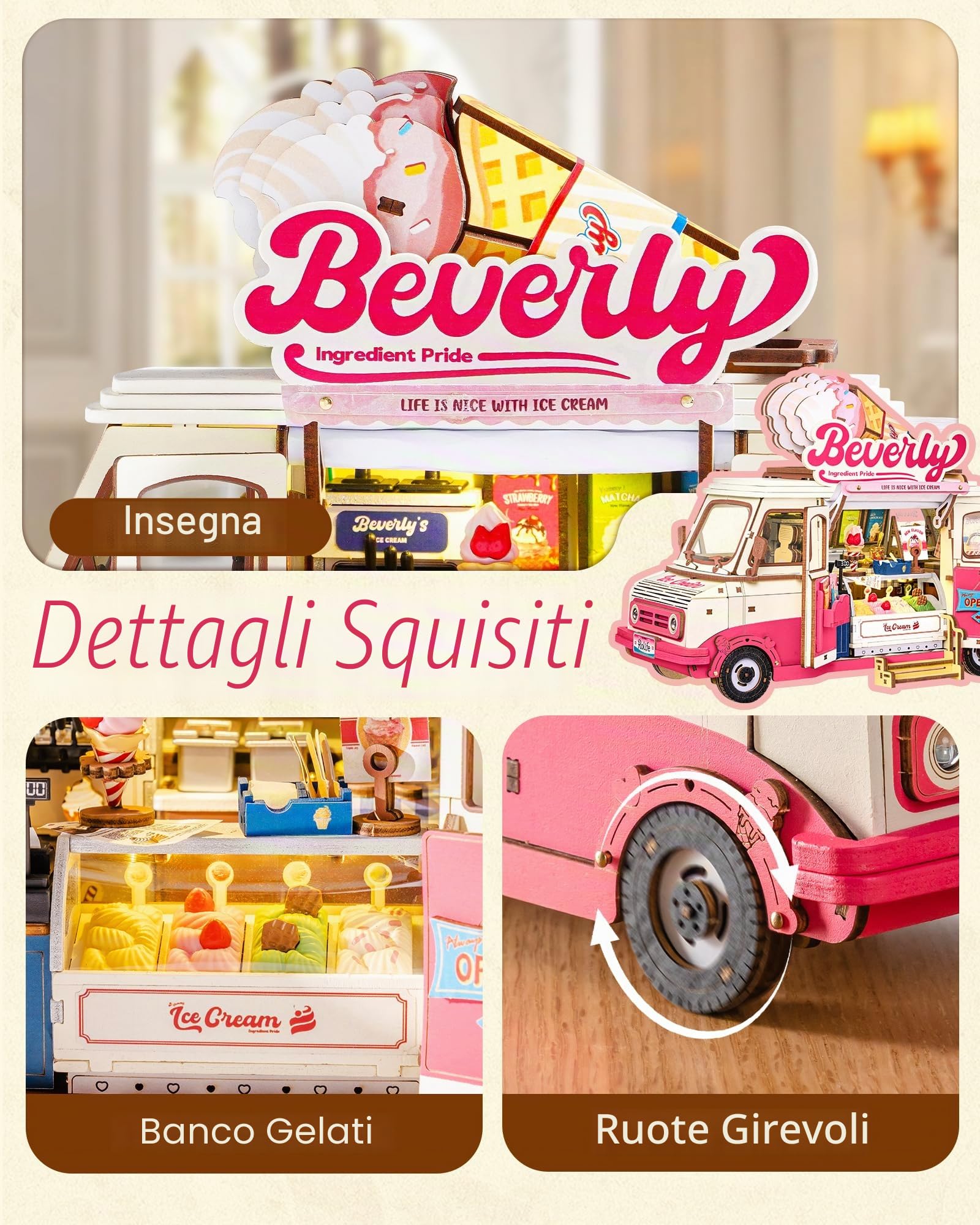 Rolife Puzzle 3D in Legno Kit di Modellismo per Adulti Modello di Casa in Miniatura Book Nook Decorazione della Casa Regalo di Compleanno per Adulti (Camion Gelati Beverly)