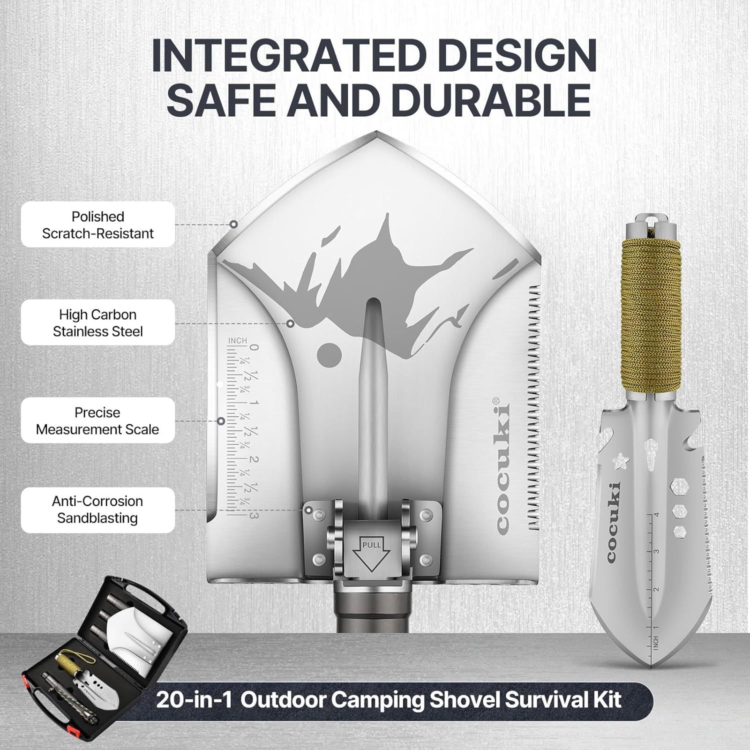 Camping Shovel Survival Kit, 2.0 Version One-Click Conversion Military Grade Multifunctional Folding Tactical Shovel with Titanium Backpacing Trowel for Camping, Emergency, Gardening, Hiking