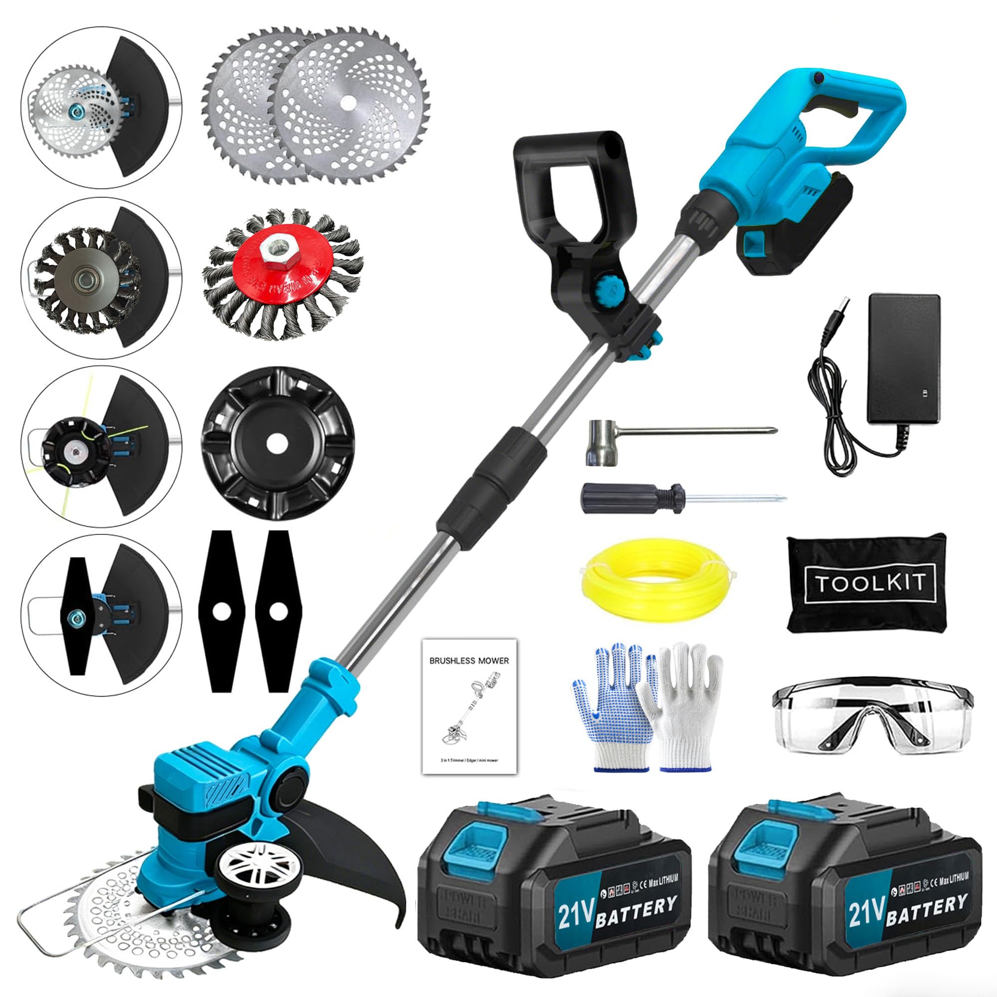 Akku Rasentrimmer kompatibel mit Makita-Akkus mit 4 verschiedenen Messertypen Bürstenloser Rasentrimmer mit 2 x 21V-Akkus Rasenkantenschneider Akku-Motorsense für Garten