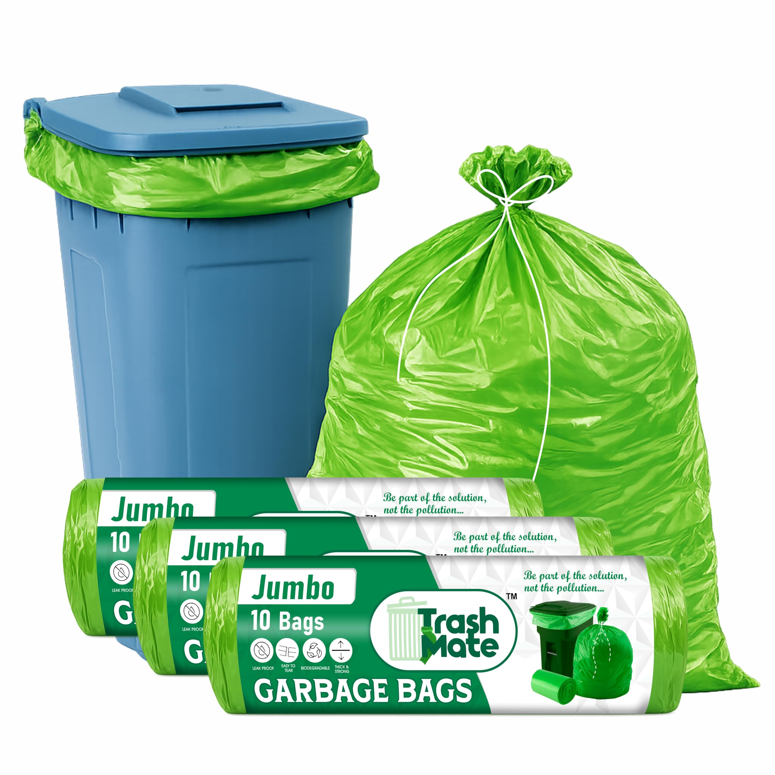Jumbo Garbage Bags | Heavy Duty (XXL) Size 36 X 48 Inches | Capacity 120 Liters | 91x122cm | Biodegradable Dustbin Bag, Trash Bag Green | strong & leak proof with Easy Tie-Thread (30 bags (Bio jumbo))