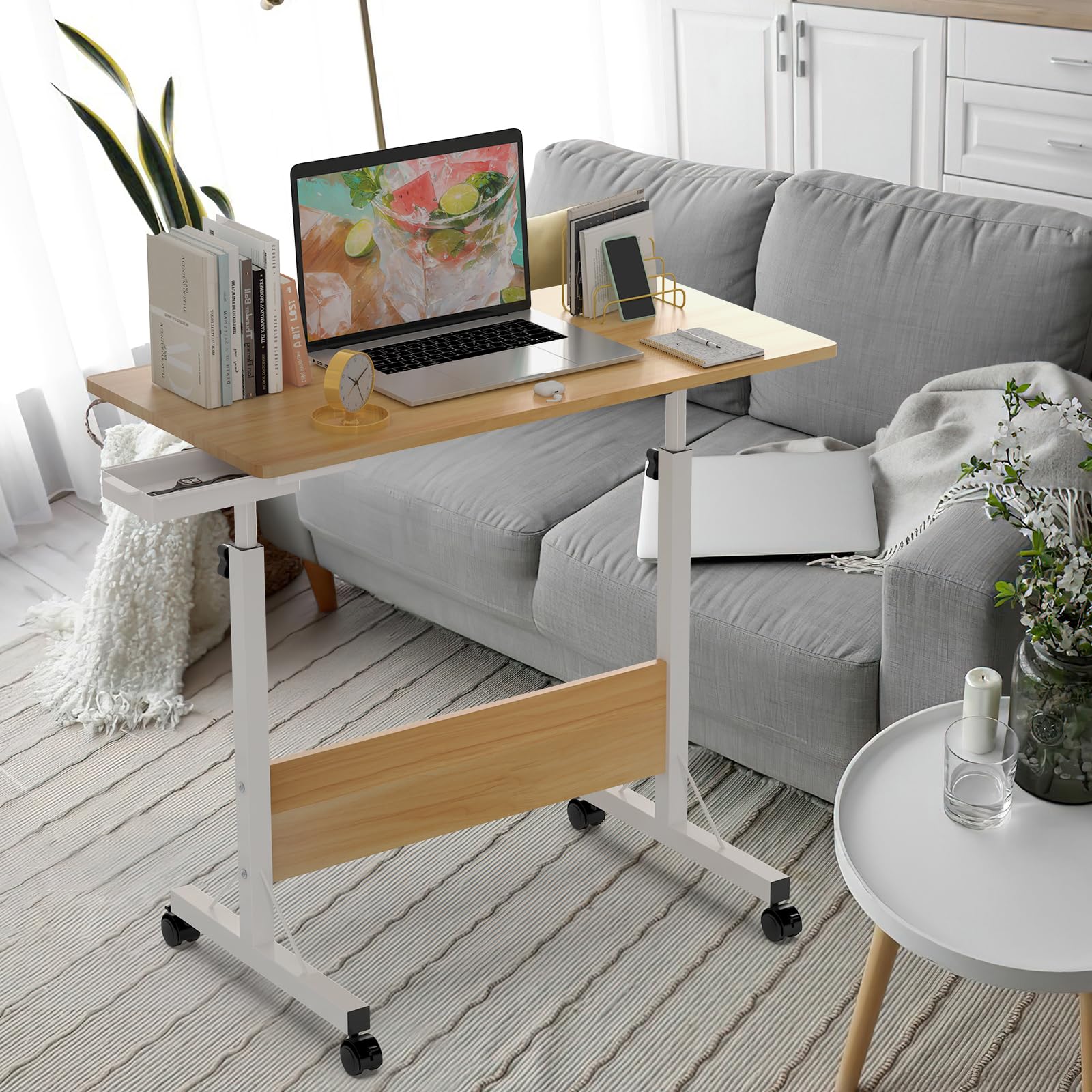 Klapptisch Laptoptisch höhenverstellbarer Schreibtisch mit drehbarer Rollen Portable Faltbar PC Tisch Klein Campingtisch klappbar Beige Arbeitstisch, 80 x 40 cm Foldable Table für Homeoffice Büro