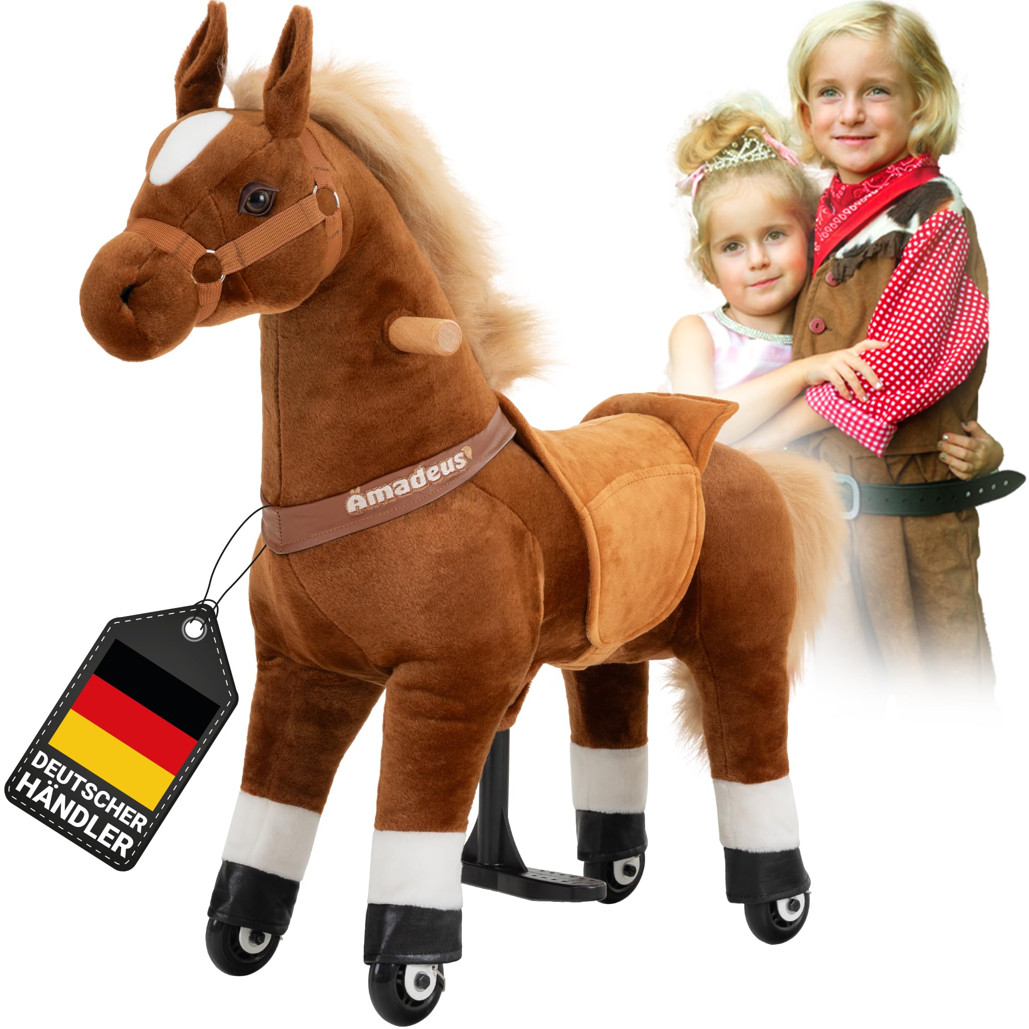 Miweba Pony Amadeus | Reitpferd auf Rollen - Pferd für Kinder - Schaukelpferd - Schaukeltier - Kuscheltier - Spielpferd zum Reiten - Plüschtier - Stofftier - Stehpferd - 4-8 Jahre (Medium)
