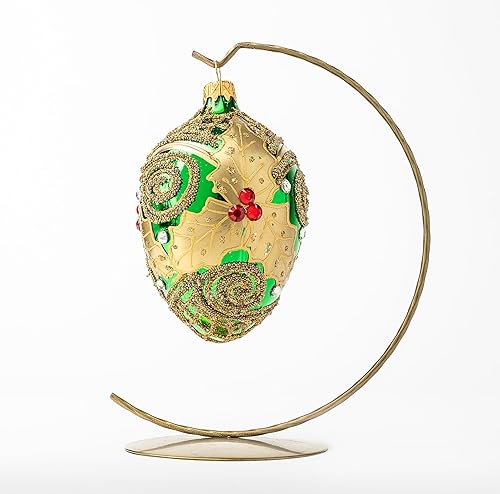 Miniatura 8 de Polish Gallery Fabergé - Adorno de árbol de Navidad de cristal soplado de 5 pulgadas color verde con adornos dorados hojas de muérdago 10B
