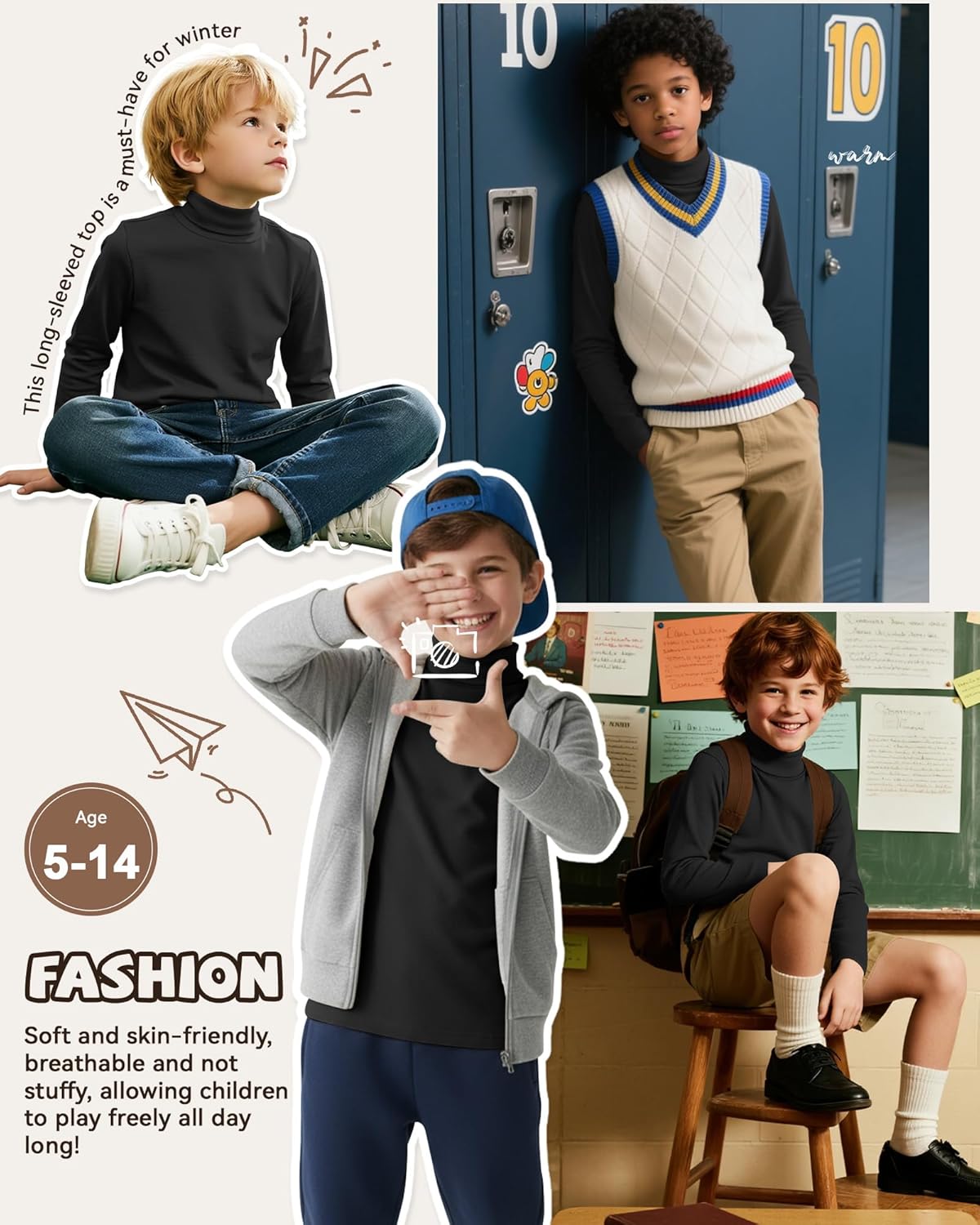 Boy's Long Sleeve Turtleneck Shirt Solid Color Mock Neck Top Soft Stretch Base Layer Tee Warm Casual Basic T-Shirt - Image 6