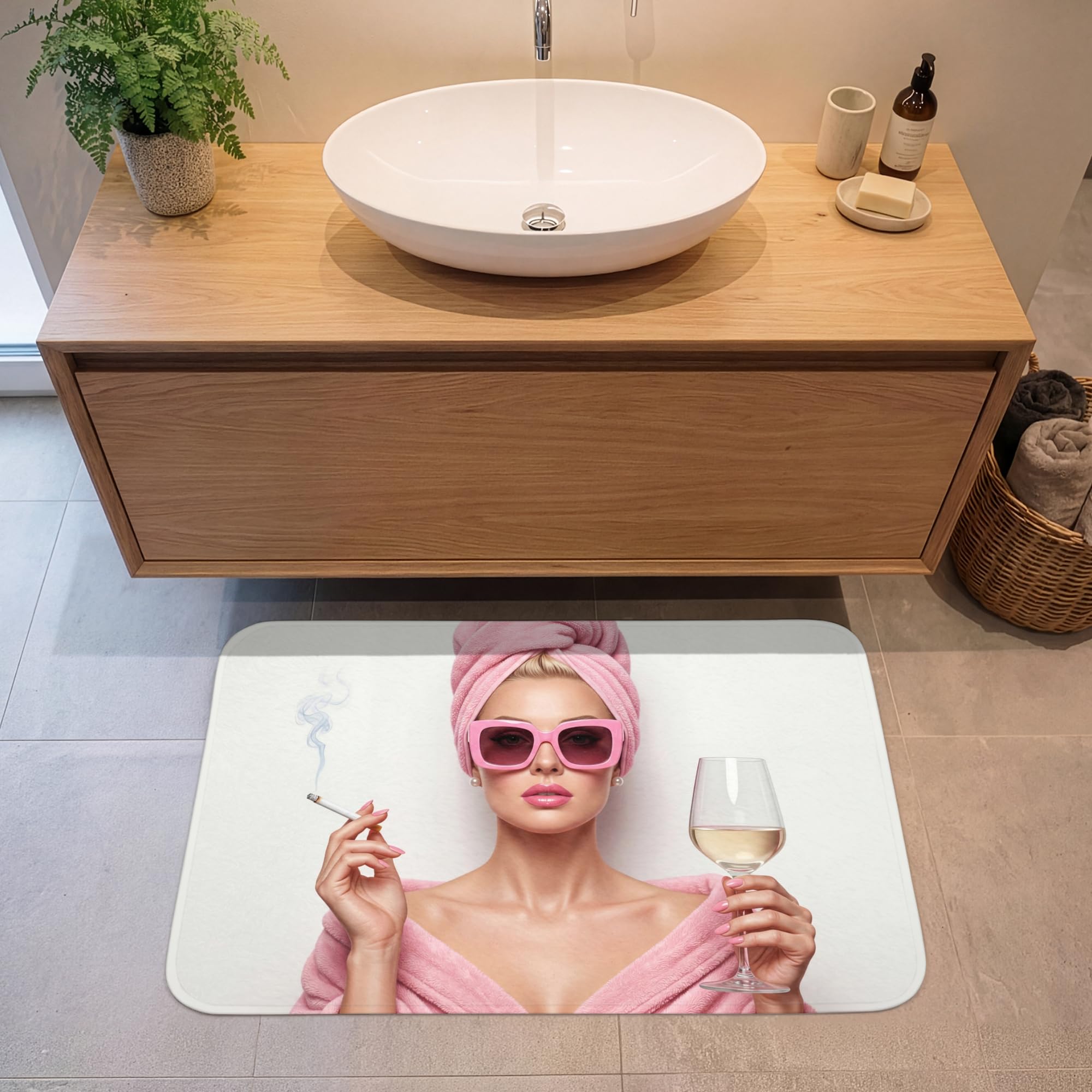 Alfombra Baño Rectangular 90x60 cm Decoracion Bathroom Mat Non Slip Shower Lavable Antideslizante Alfombrilla Tapete Banheiro Mujer - Rosa - Vino - Gafas de Sol