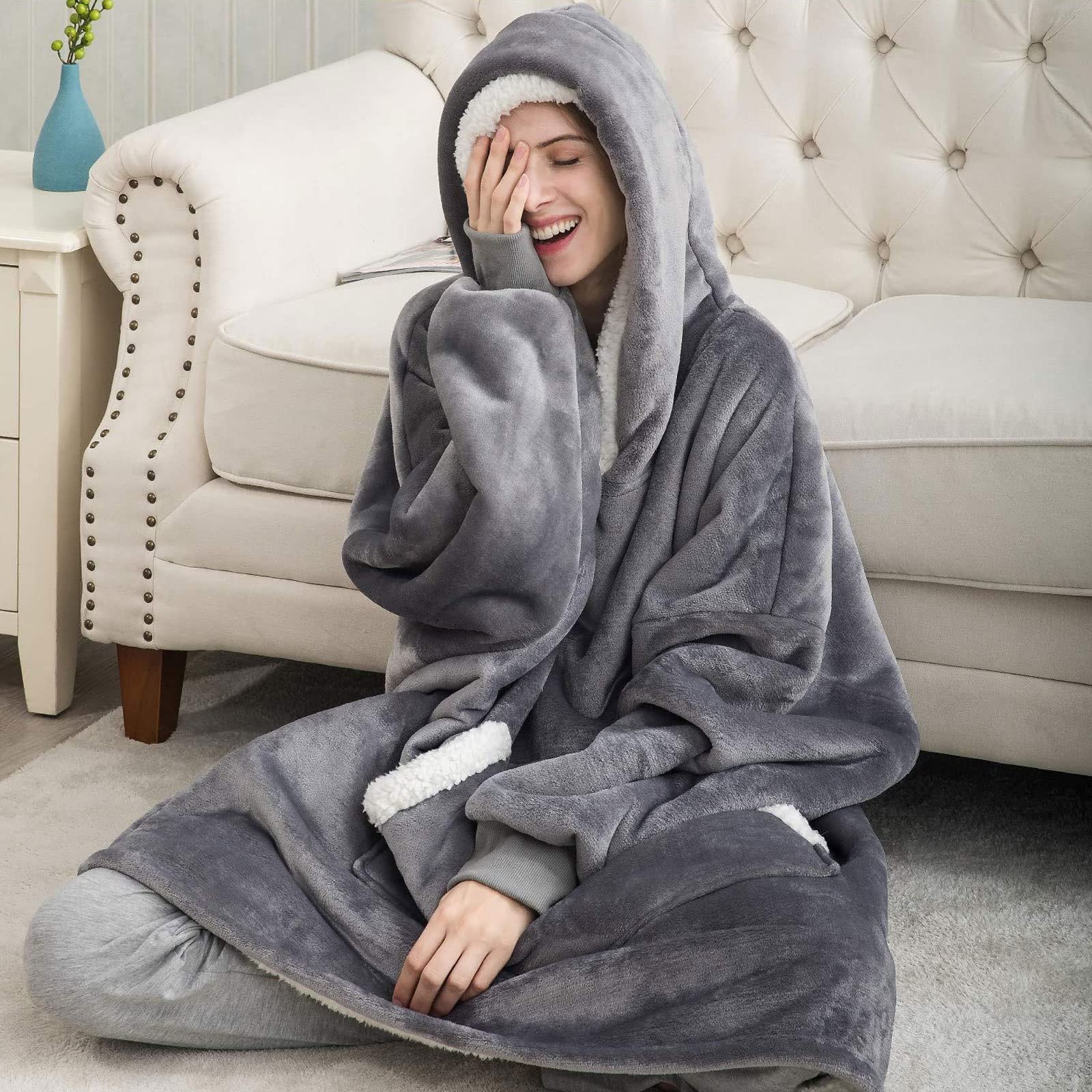 Coperta Oversize con Cappuccio da Donna e Uomo, Accogliente Coperta Indossabile Sherpa per Adulti, Calda Felpa Hoodie Blanket con Maniche, Calda e Cozy, con Tasca Profonda e Manica Elastica,#4,88cm