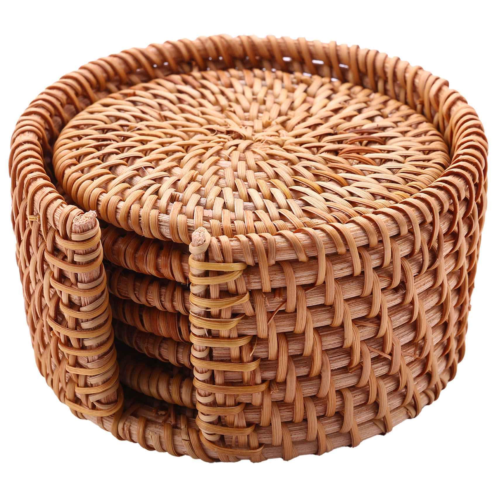 Velain6Pcs/ Drink Coasters Set For Kungfu Tea Accessories Round Tableware Placemat Dish Mat Rattan Weave Cup Mat Pad Diameter 8Cm