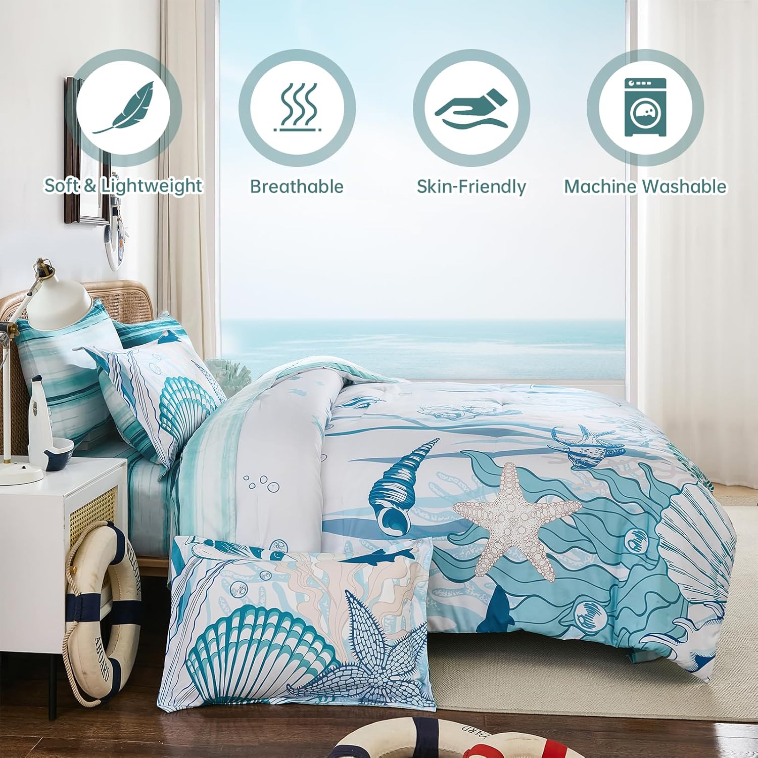 WONGS BEDDING Coastal King Size Comforter,7 Pieces Beach Nautical Themed Bed in a Bag Bedding Set,Ocean Coral Seashell Pattern Soft Warm Comforters for All Season, 104"x90"