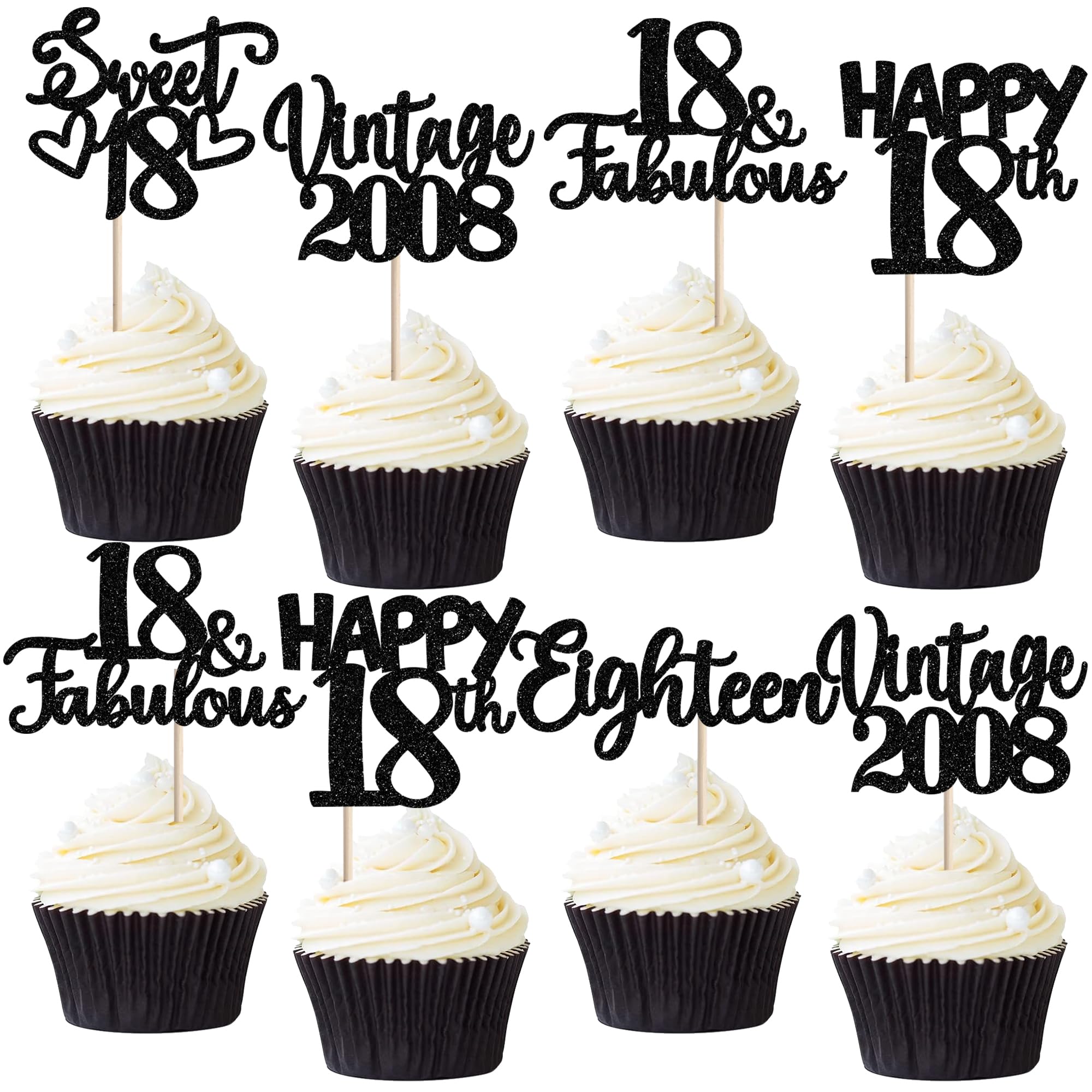 30 Stück Vintage 2008 Cupcake Toppers Glitzer Happy 18th Geburtstag Tortendeko Cheers to 18 Fabulous Eighteen Kuchen Deko für 18th Geburtstag Hochzeit Jahrestag Party Schwarz