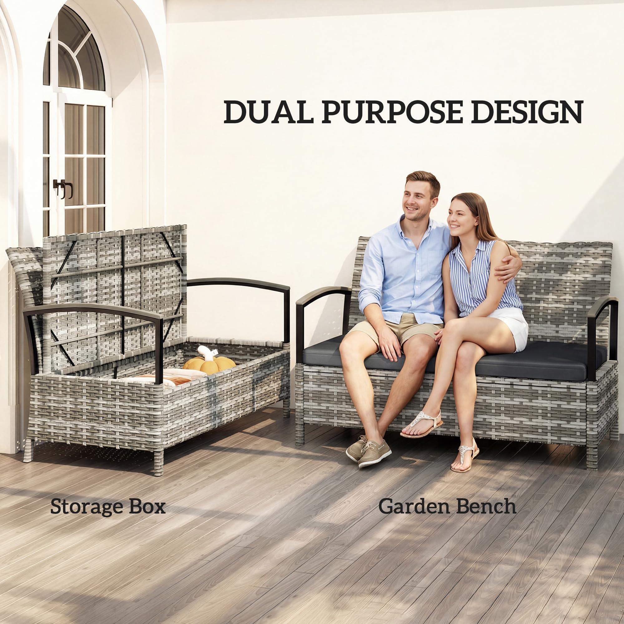Outsunny 125L Banc Jardin Rangement 2P Rotin PE Cadre Métal Gris Foncé