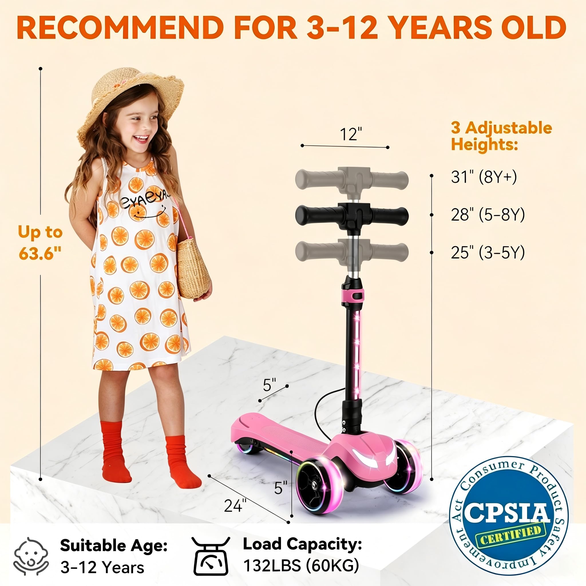 Electric Scooter Kids 3 Wheel Pink 150W Motor Bluetooth Light-Up Wheels