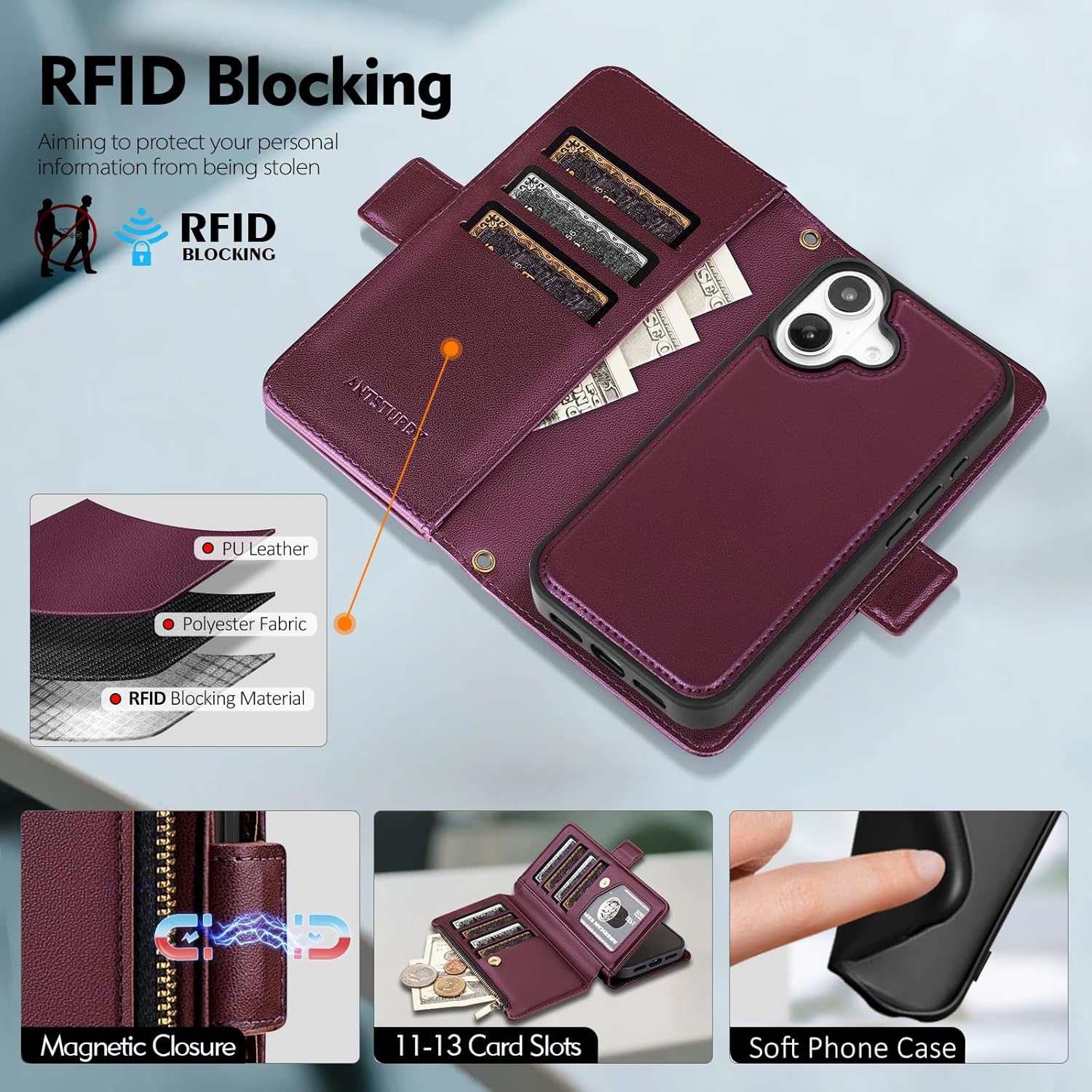 Antsturdy Compatible with Magsafe Magnetic 2 in 1 Detachable iPhone 17 Wallet Case with Credit Card Holder Slots,PU Leather RFID Blocking Phone Cover Wrist Strap Zipper Women Men,Wine Red - Image 3