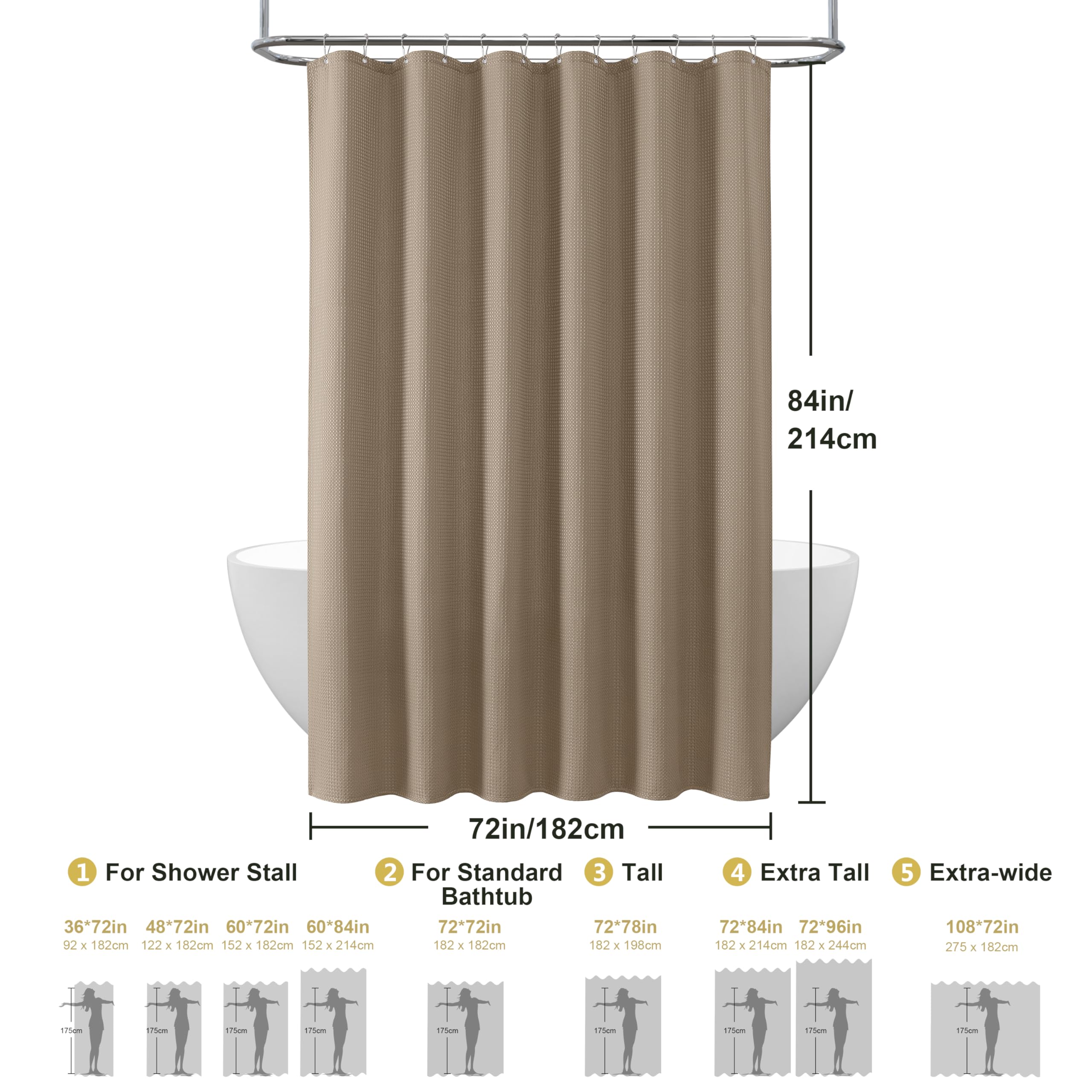 Douchegordijn Wafelstof Waterdicht met Metalen Douchegordijnringen - Anti-schimmel Stoffen Textiel Badkamer Gordijn Zwaar Badgordijn voor Badkamer Douchecabine - 92 x 182 cm (Zwart
