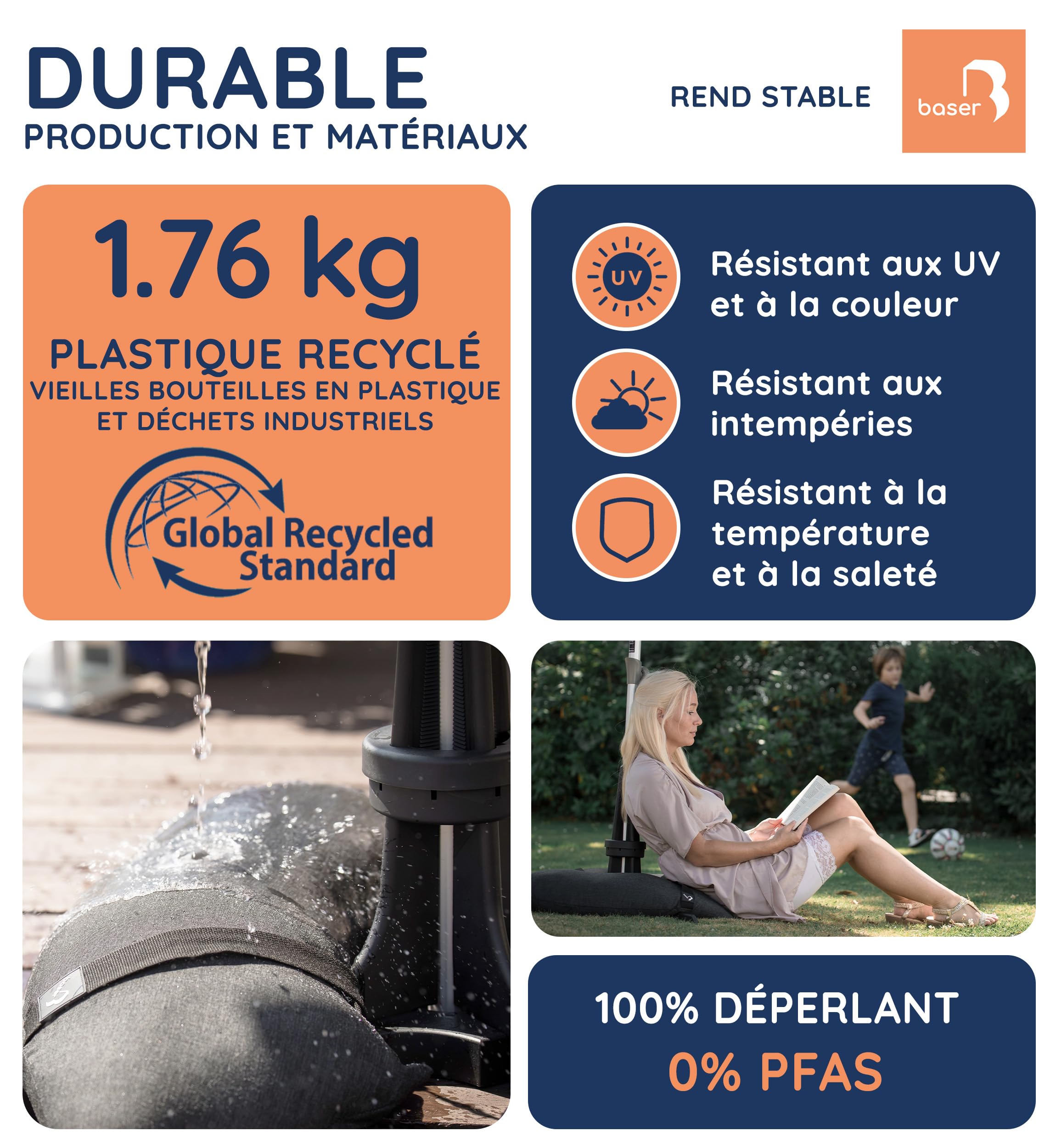 Baser Pied de Parasol avec Sacs de Sable, Base pour Parasol de Jardin Exterieur jusqu'à 3m, Support Lestés 40kg pour Mât 25-48mm, Noir | Support Parasol De Jardin, Base A Remplir De Sable, Fabrique Au Danemark En Materiaux Recycles, Jusqu'a 3 m, Noir, 40