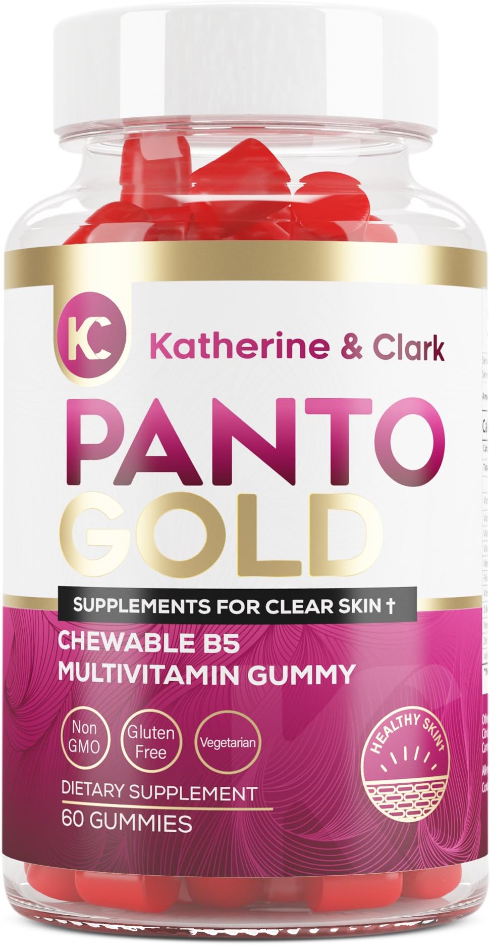 Katherine & Clark Vitamin B5 Pantothenic Acid Gummies for Acne - Panto Gold - Hair Skin Nails - Biotin, Zinc, Folic Acid Chewable Non-GMO Gluten-Free Vegetarian for Body, Oily Skin, 60ct