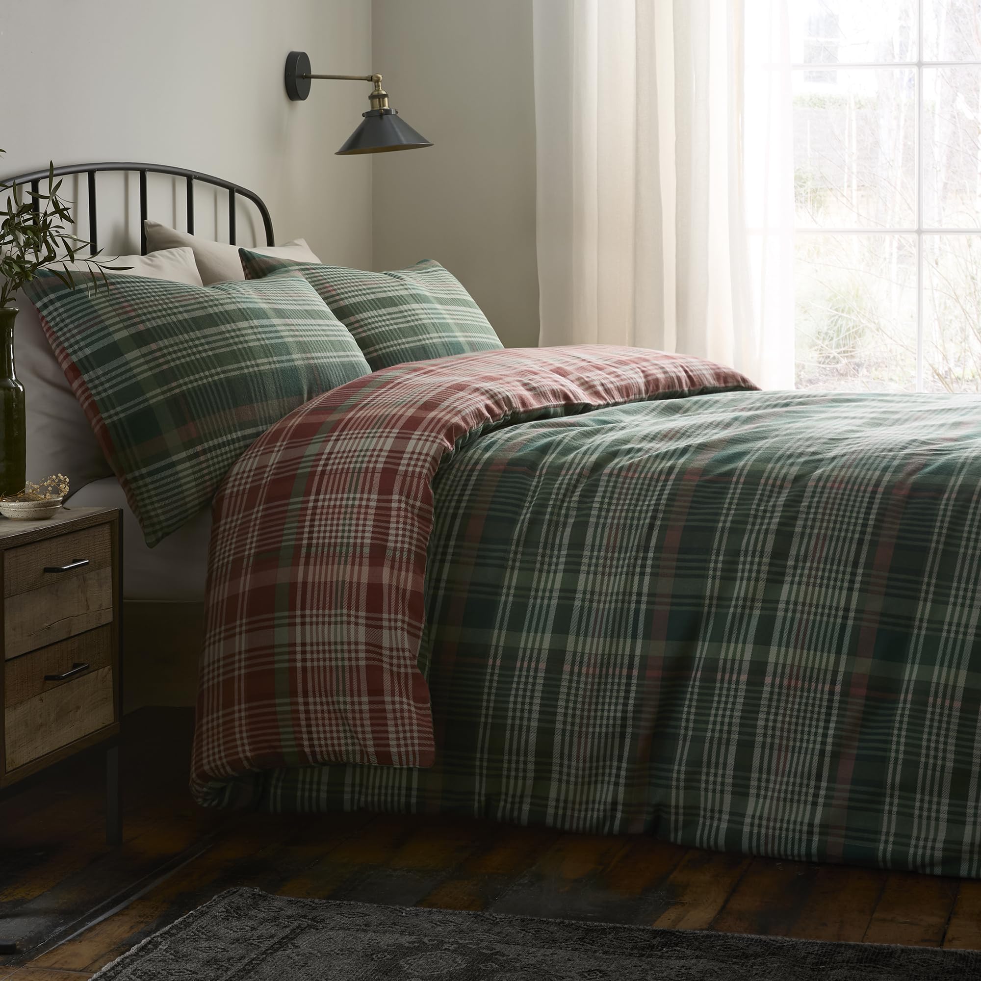 Dreams & Drapes Lodge Bennet - Set copripiumino a quadri, 100% cotone spazzolato, king size 230 x 220 cm, verde, motivo tradizionale a quadri, 2 federe