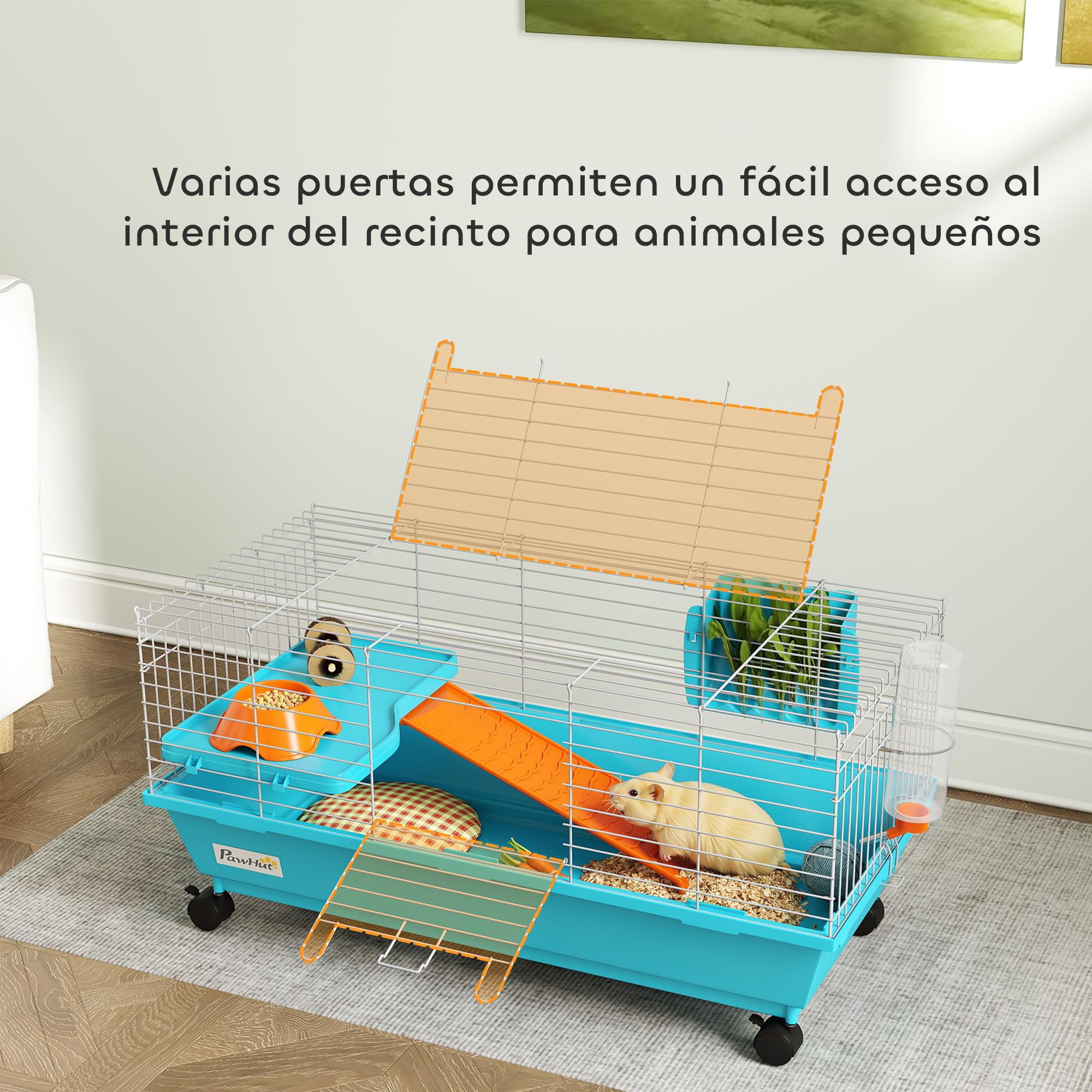 PawHut Jaula para Animales Pequeños, Jaula para Roedores con Ruedas, Botella de Agua, Comedero, Dispensador de Heno, Plataforma, Rampa, Bandeja Extraíble, para Conejos y Cobayas, 89x44x43 cm, Azul