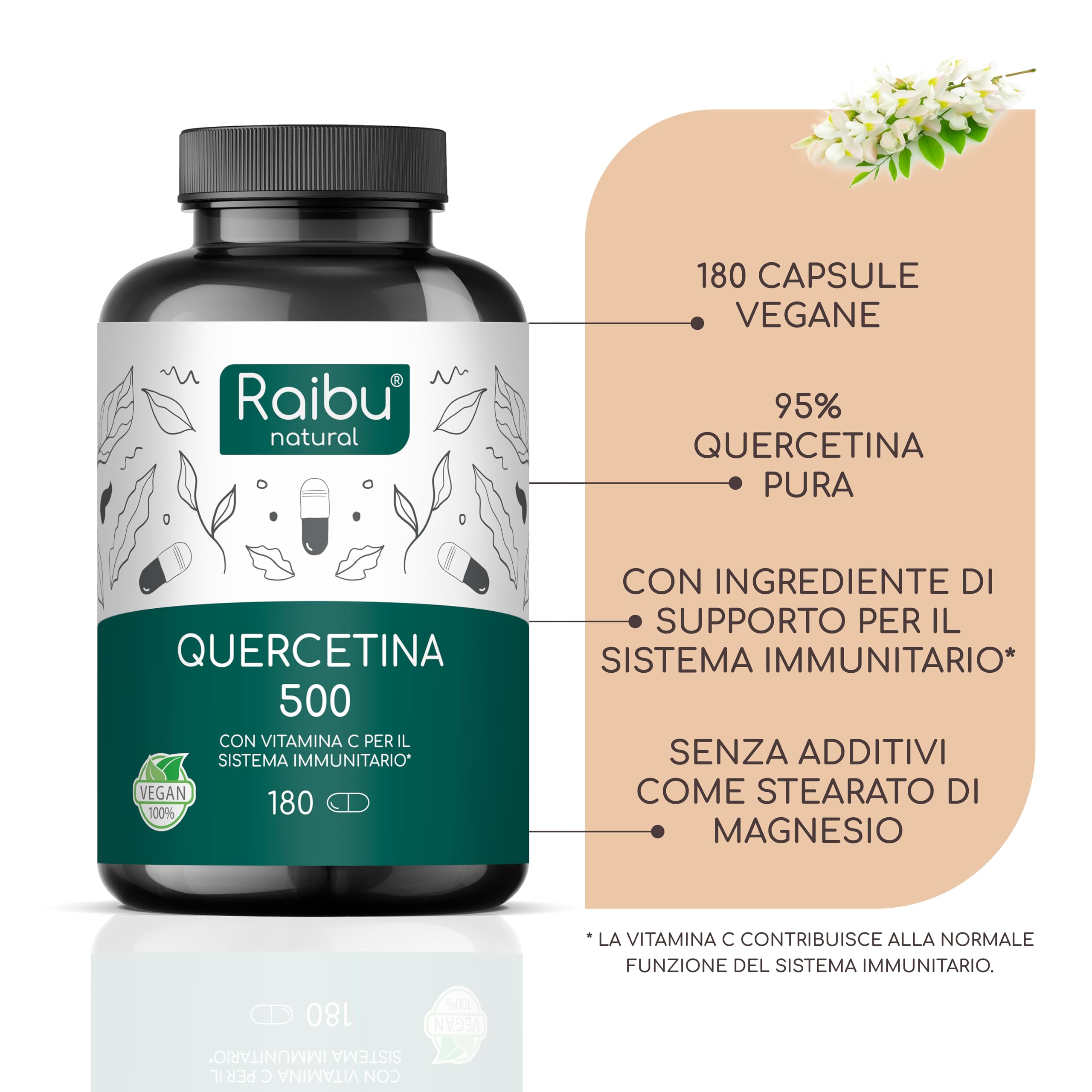 Quercetina 500 mg Pura – 180 Capsule (6 MESI di Fornitura) I 95% di Contenuto di Quercetina I Estratto di Sophora Japonica I Integratore di Flavonoidi I Testato in Laboratorio e Vegano, Raibu