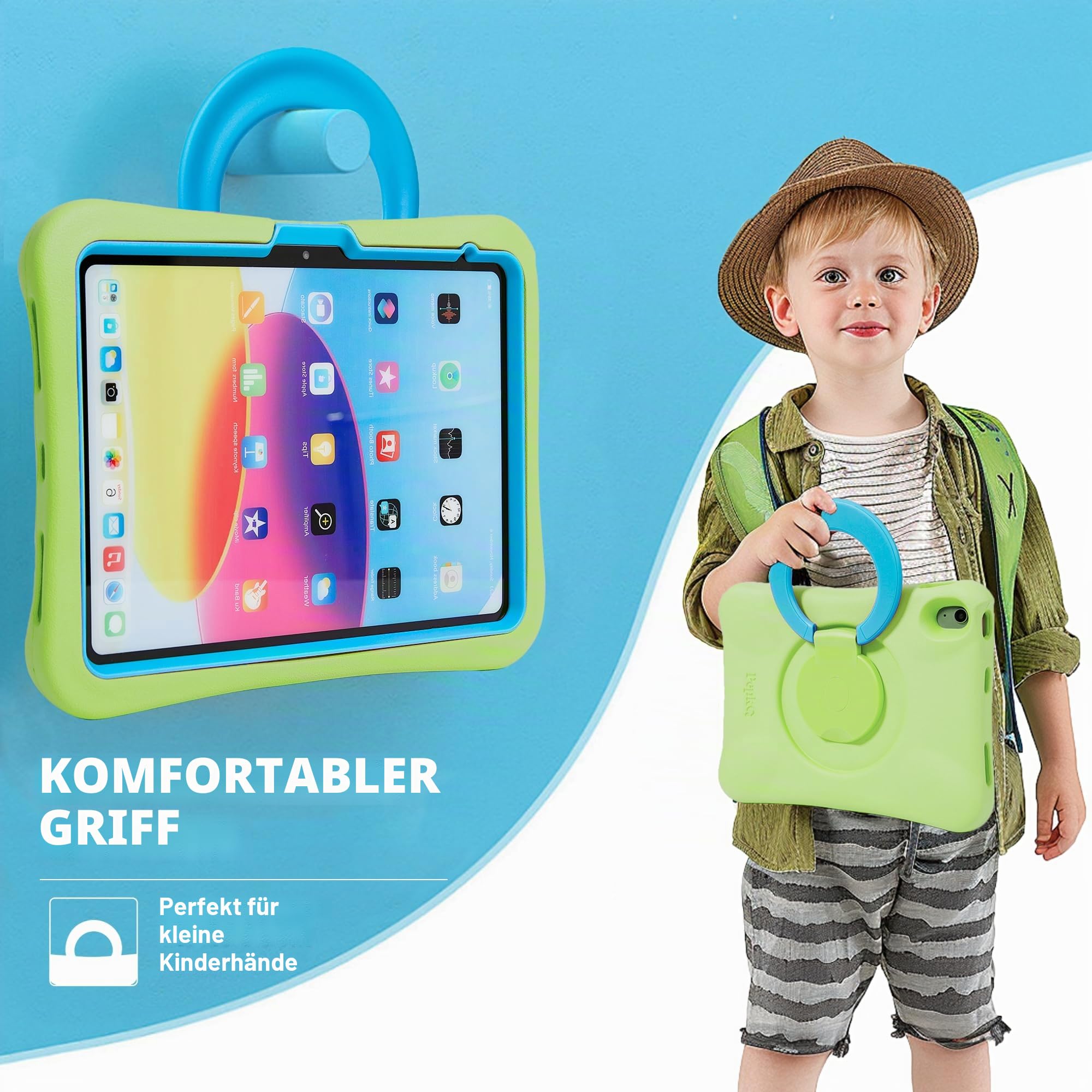Kinder Hülle für iPad, Stoßfeste Hülle für iPad 11-Zoll A16 (2025) / 10,9-Zoll der 10. Generation (2022), Leichte Ganzkörper-Schutzhülle mit Faltbarem Griff/Ständer (Grün+Blau)