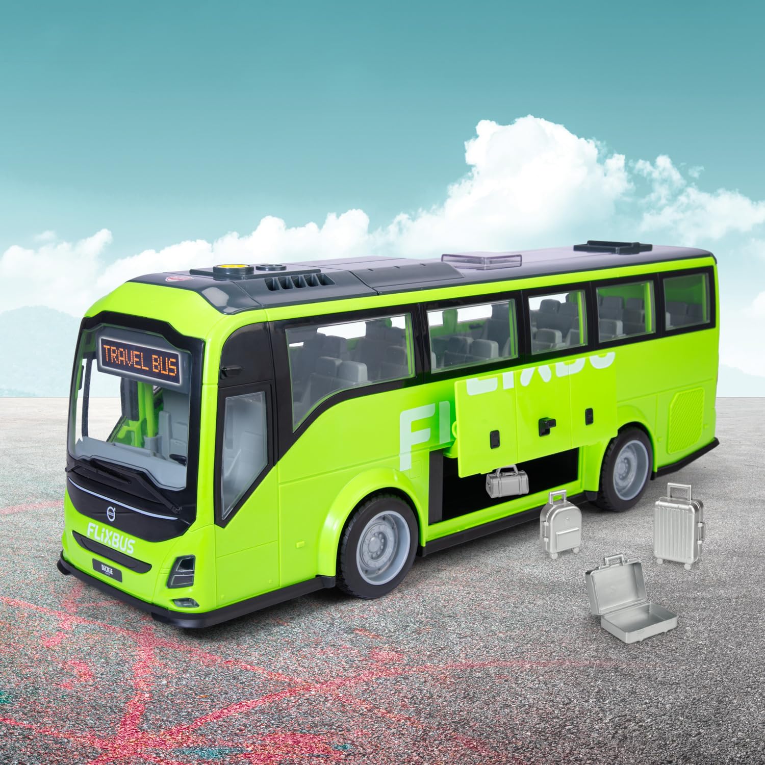 Dickie Toys Volvo 9700 autobus turystyczny 54 cm, autobus zabawkowy dla dzieci od 3 lat, wolny bieg, światło i dźwięk, zdejmowany dach, wnętrze, drzwi i klapy do otwierania, walizka, skala 1:16