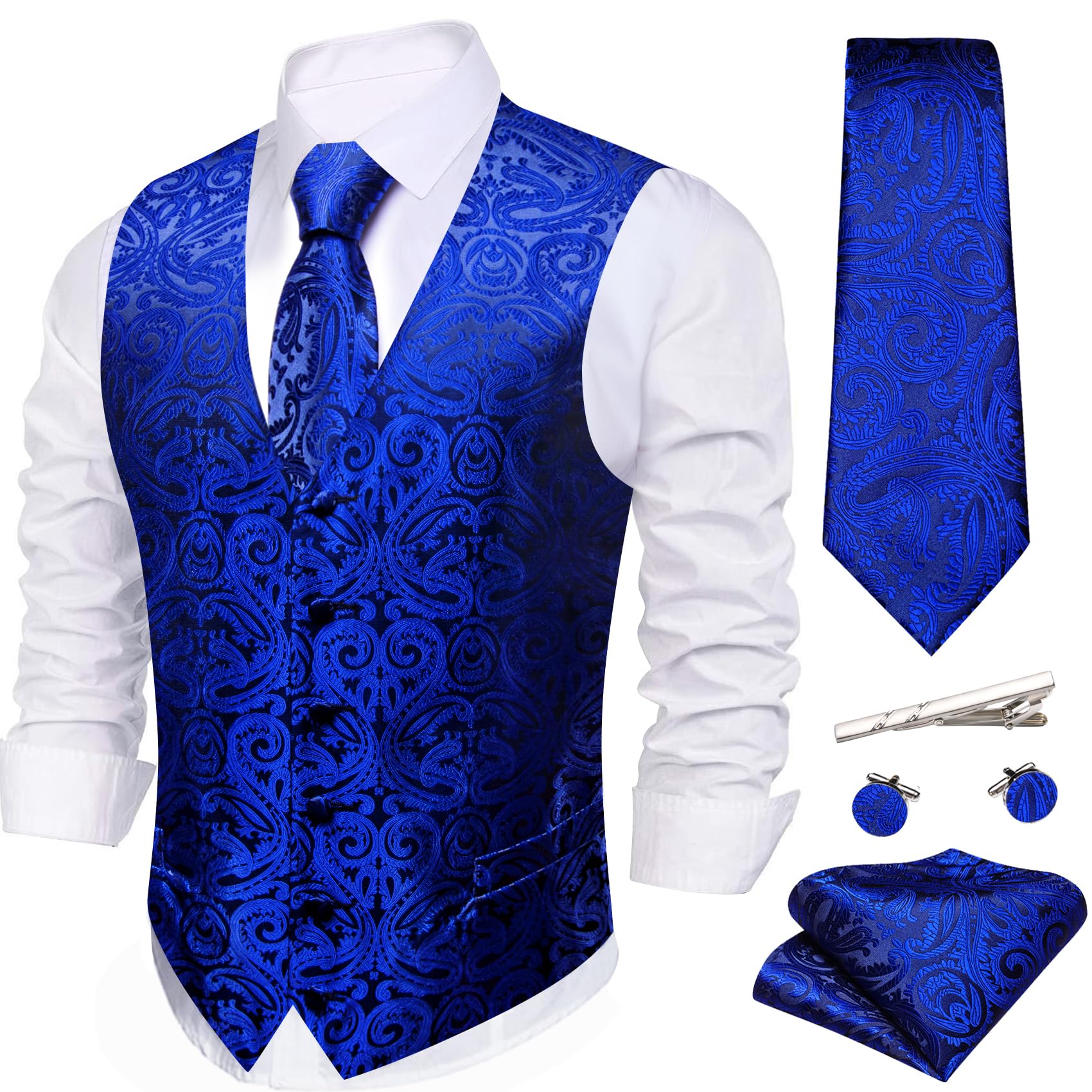 Barry.Wang Formal Men Flower Vest Paisley Jacquard Silk Ties Suit Waistcoat Set Wedding 5PCS
