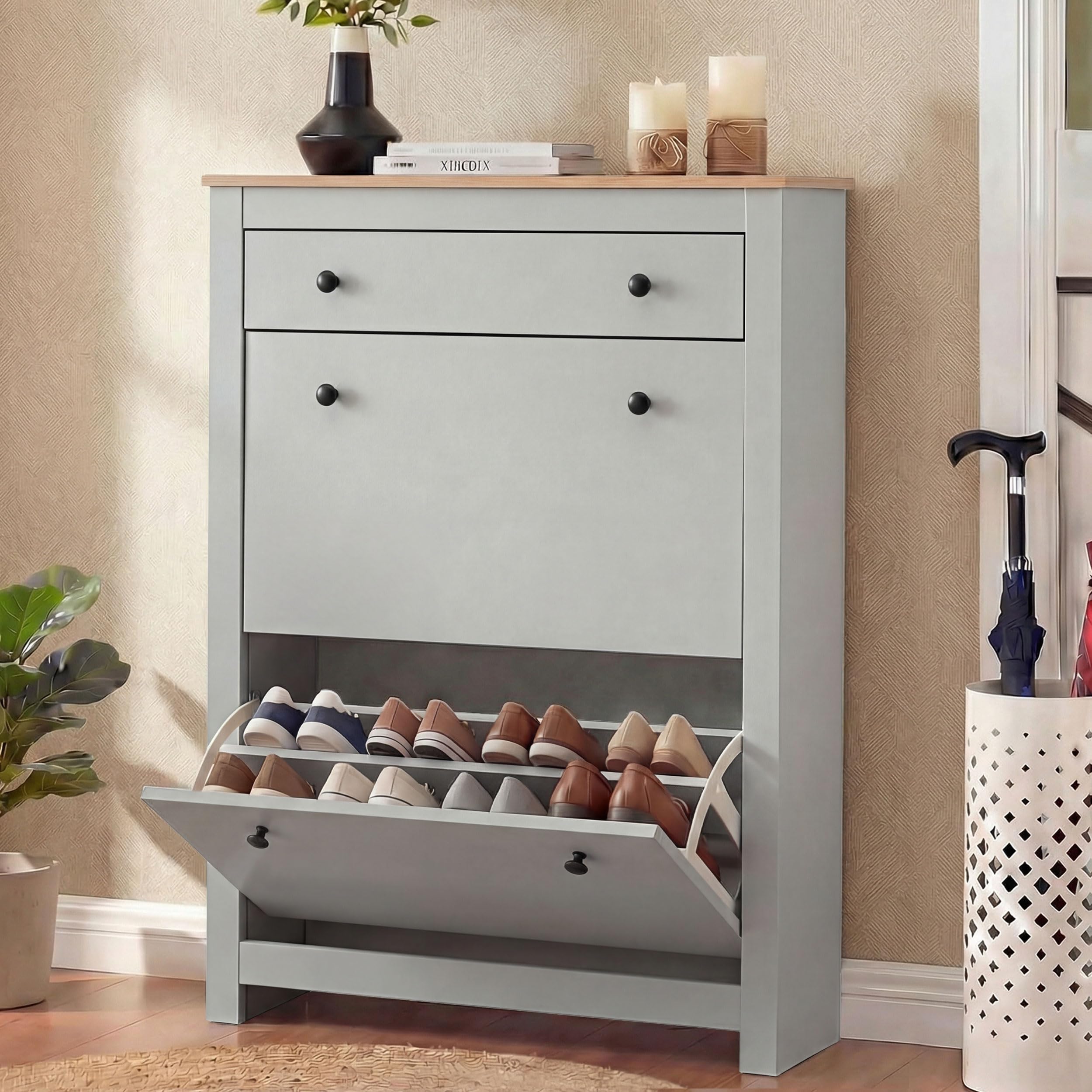 Blisswood Shoe Cabinet, Wooden Shoe Storage Unit with 2 Flip Drawers & 1 Open Drawer, Freestanding Shoe Rack Organiser, Adjustable Shelves Cupboard for Entryway Footwear Stand Hallway Furniture_Grey