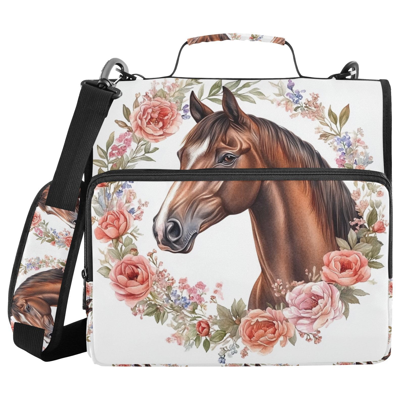 CWUPZAY Horse Spring Circle Zipper Binder 3 Ring 1.5 Inch Binder Organizer Bag 500 Sheets Capacity Multi-Pocket with Shoulder Strap for School Office
